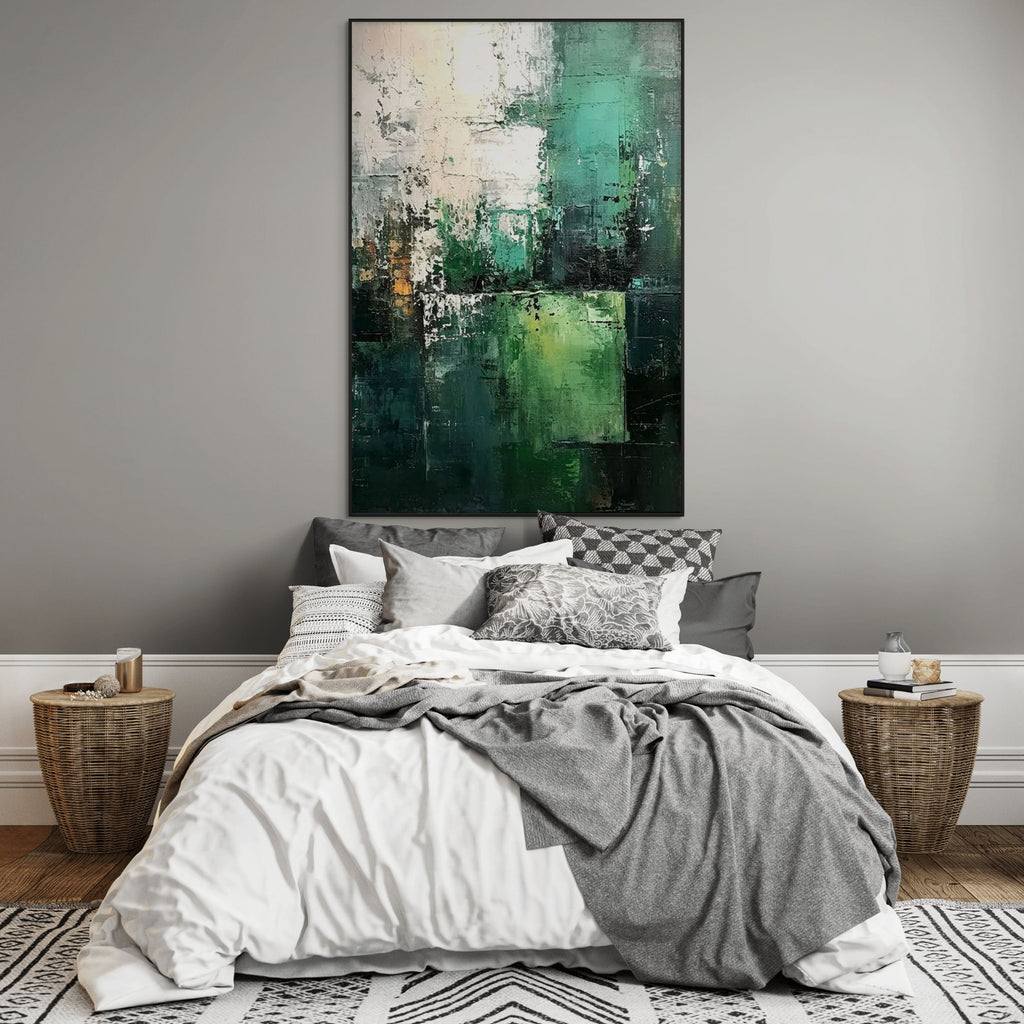 GREEN: Impasto Layers Of Green White And Gold Abstract Canvas