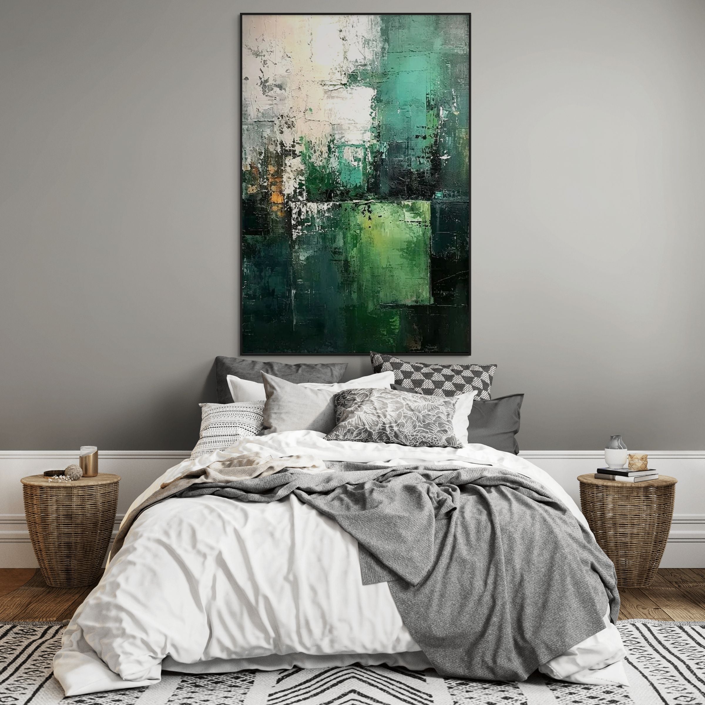 GREEN: Impasto Layers Of Green White And Gold Abstract Canvas