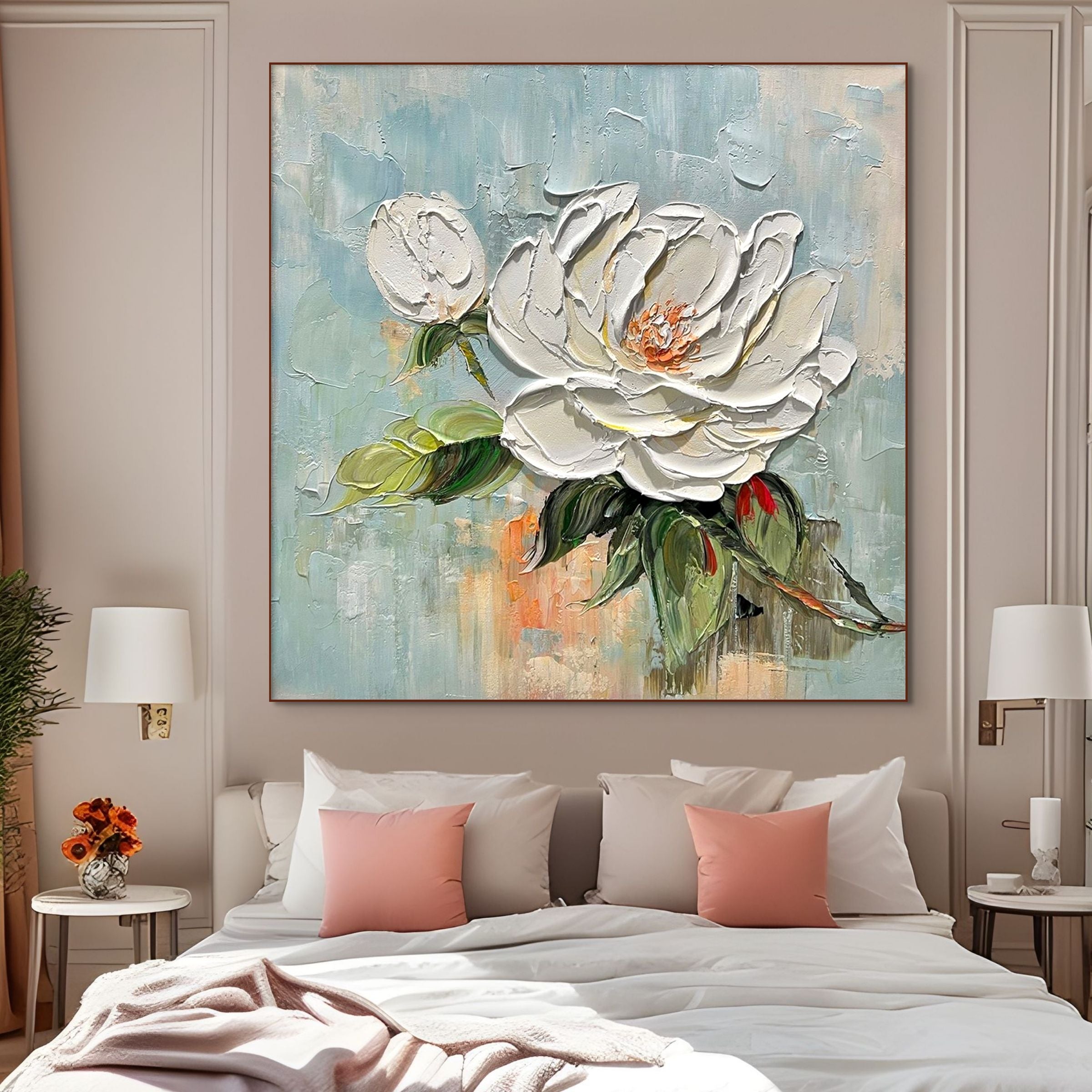 BLOSSOMS GRACE: Textured Impasto  Single White Magnolia Canvas