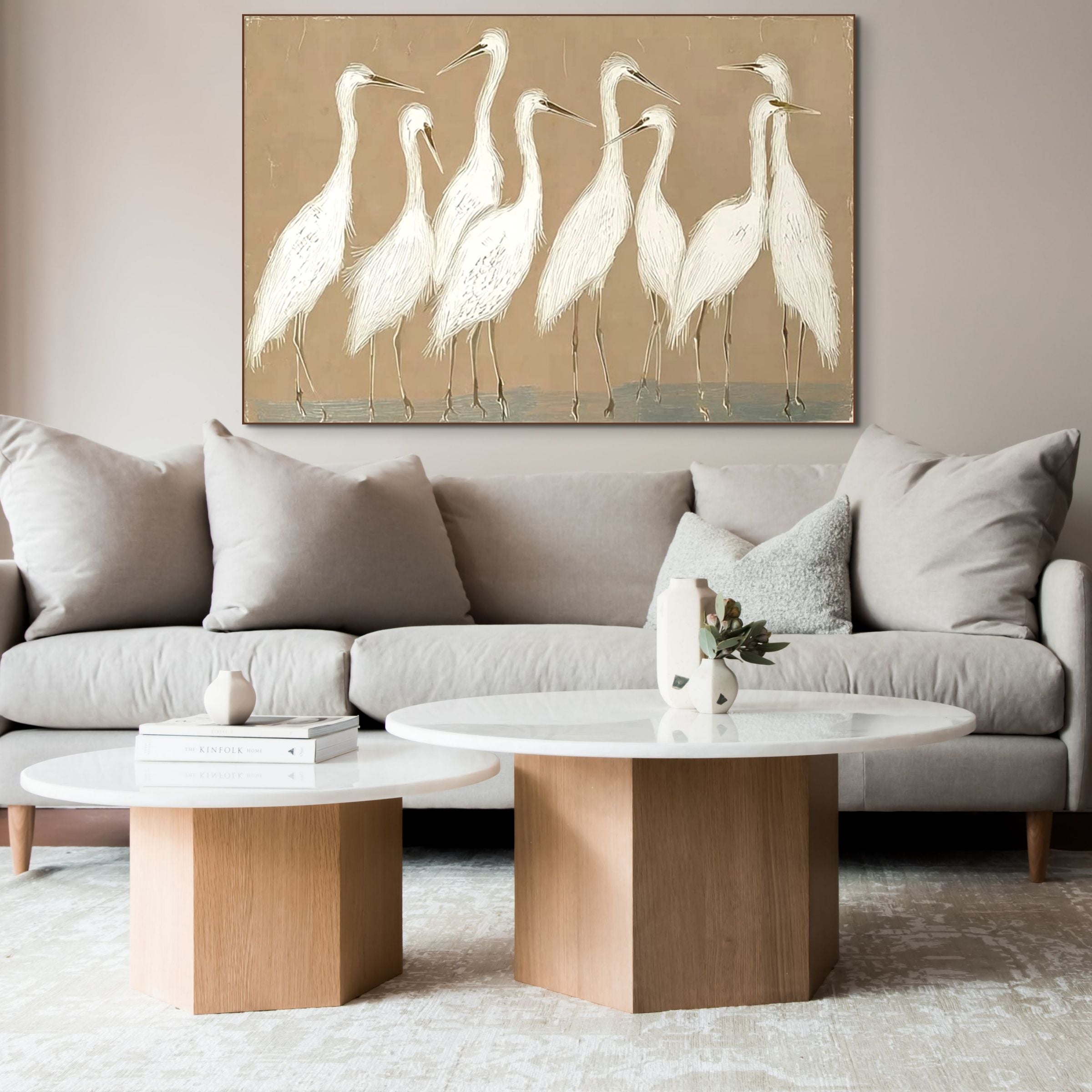 THE GATHERING: Textured Wabi Sabi Egret Flock Oil Painting on Canvas