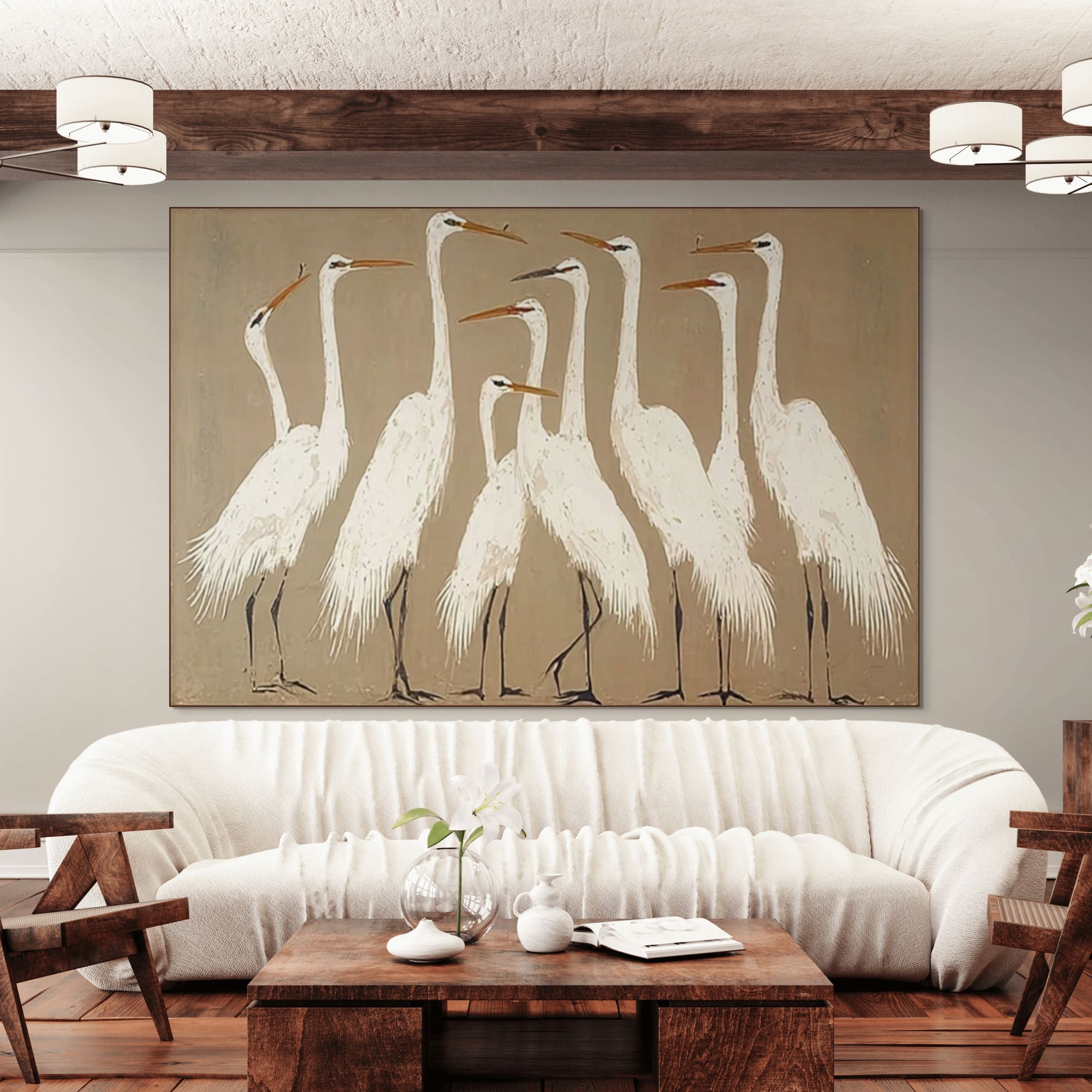 THE GATHERING: Wabi Sabi White Egrets Serene Flock Canvas
