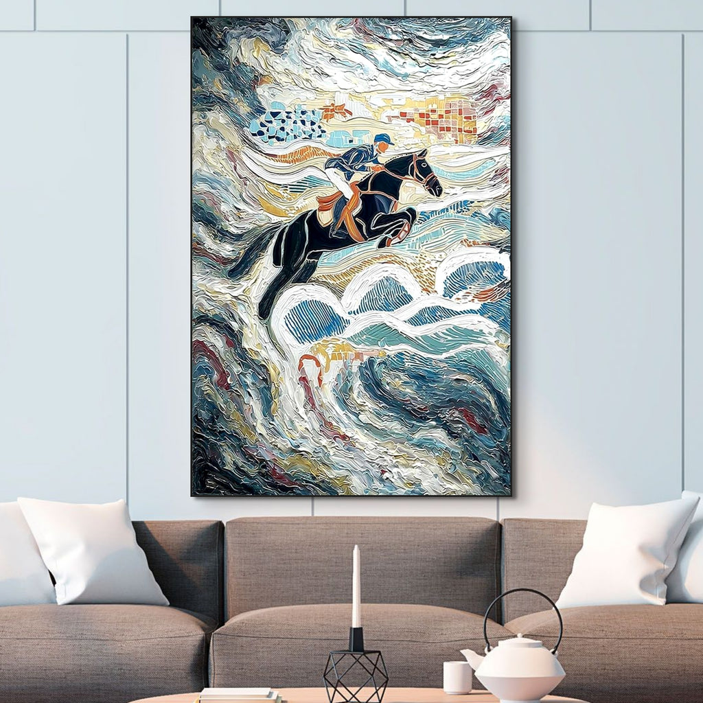 THE GRAND LEAP: Textured Equestrian Art Dynamic Horse Rider Jump Power