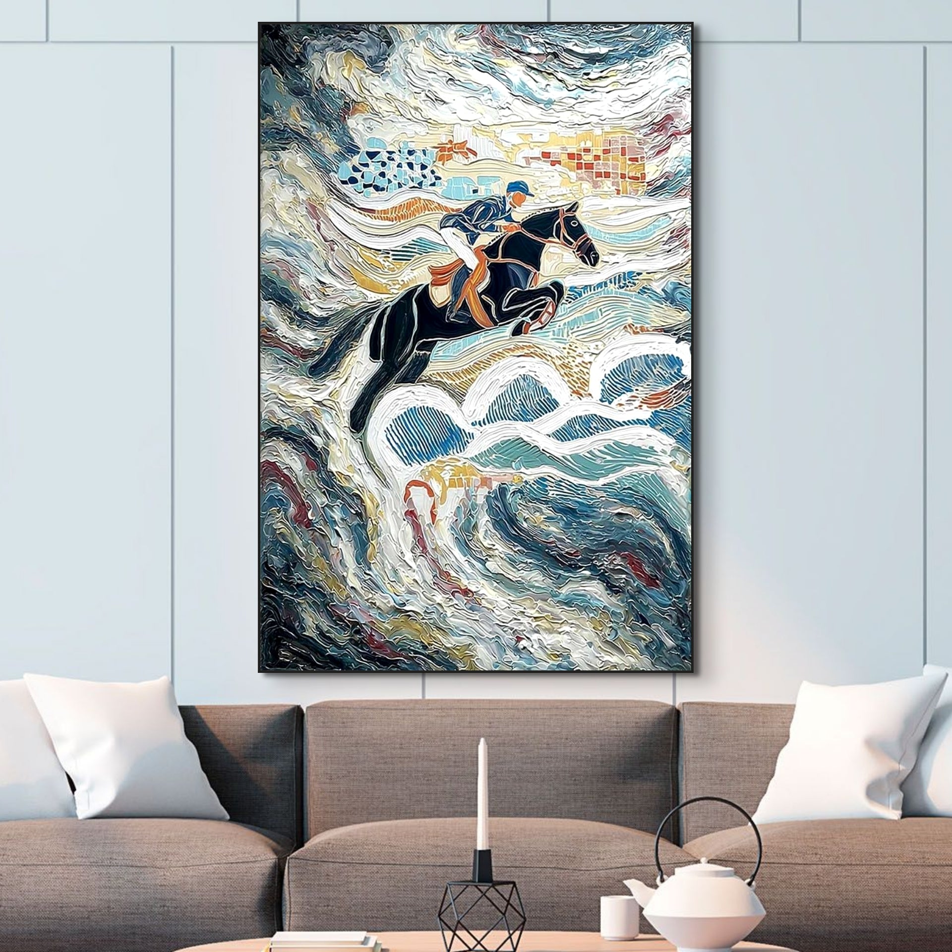 THE GRAND LEAP: Textured Equestrian Art Dynamic Horse Rider Jump Power