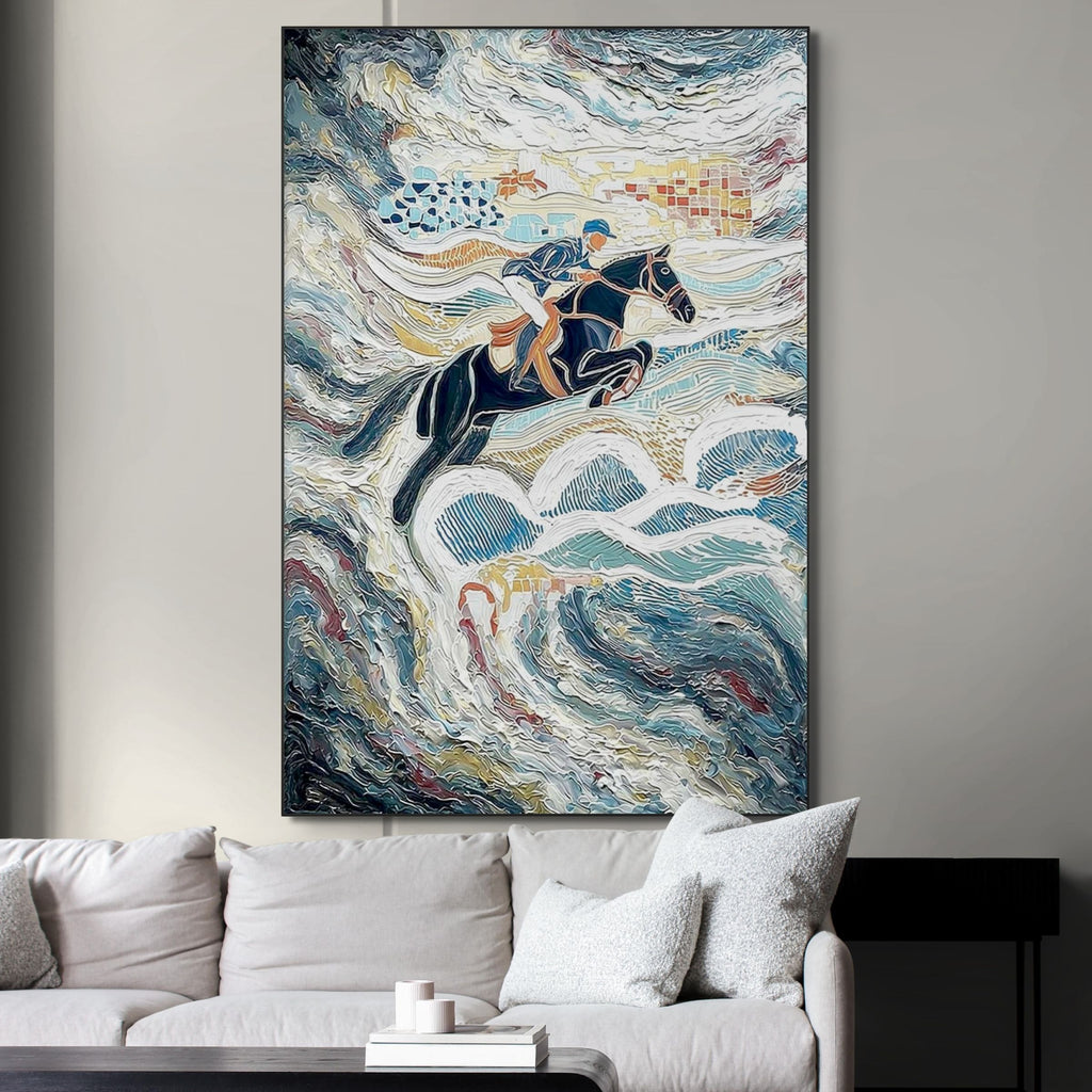 THE GRAND LEAP: Textured Equestrian Art Dynamic Horse Rider Jump Power