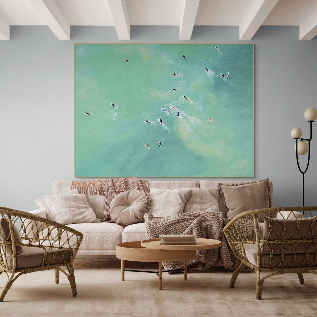TIDAL CHASE: Textured Aerial Surf Art with Vibrant Turquoise Waves