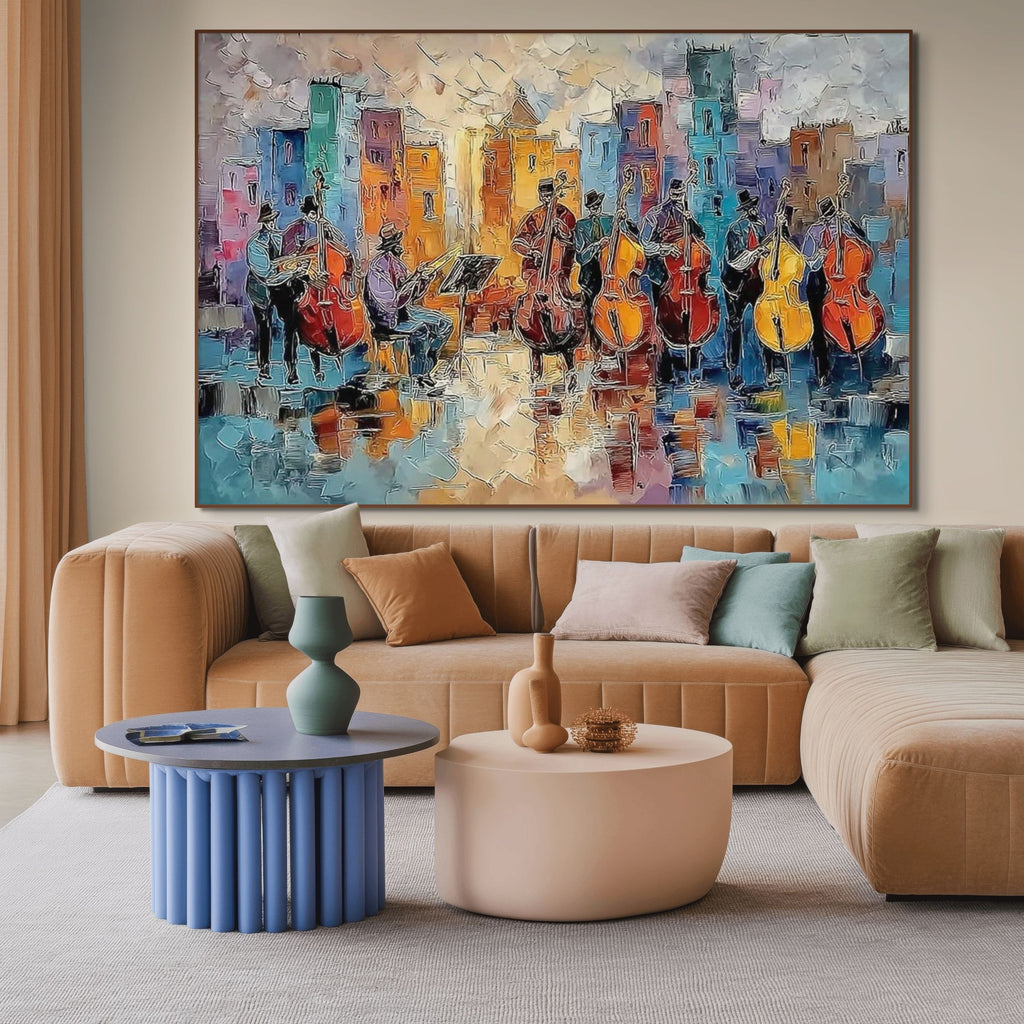Urban Serenade: Colorful Music Wall Art Textured Palette Knife Painting