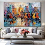 Urban Serenade: Colorful Music Wall Art Textured Palette Knife Painting