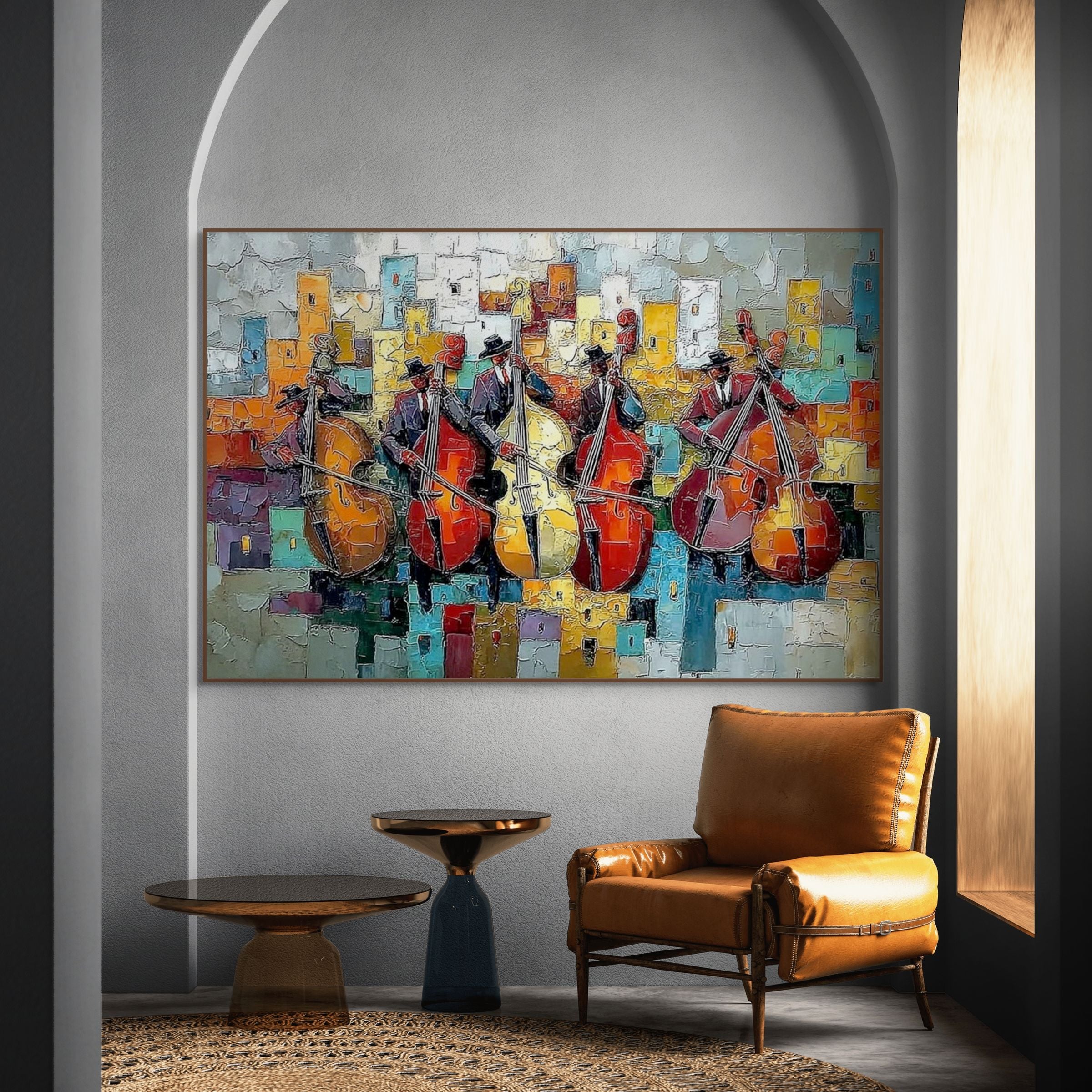 URBAN SERENADE:Textured Music Wall Art Colorful City Musicians Painting