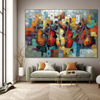 URBAN SERENADE:Textured Music Wall Art Colorful City Musicians Painting