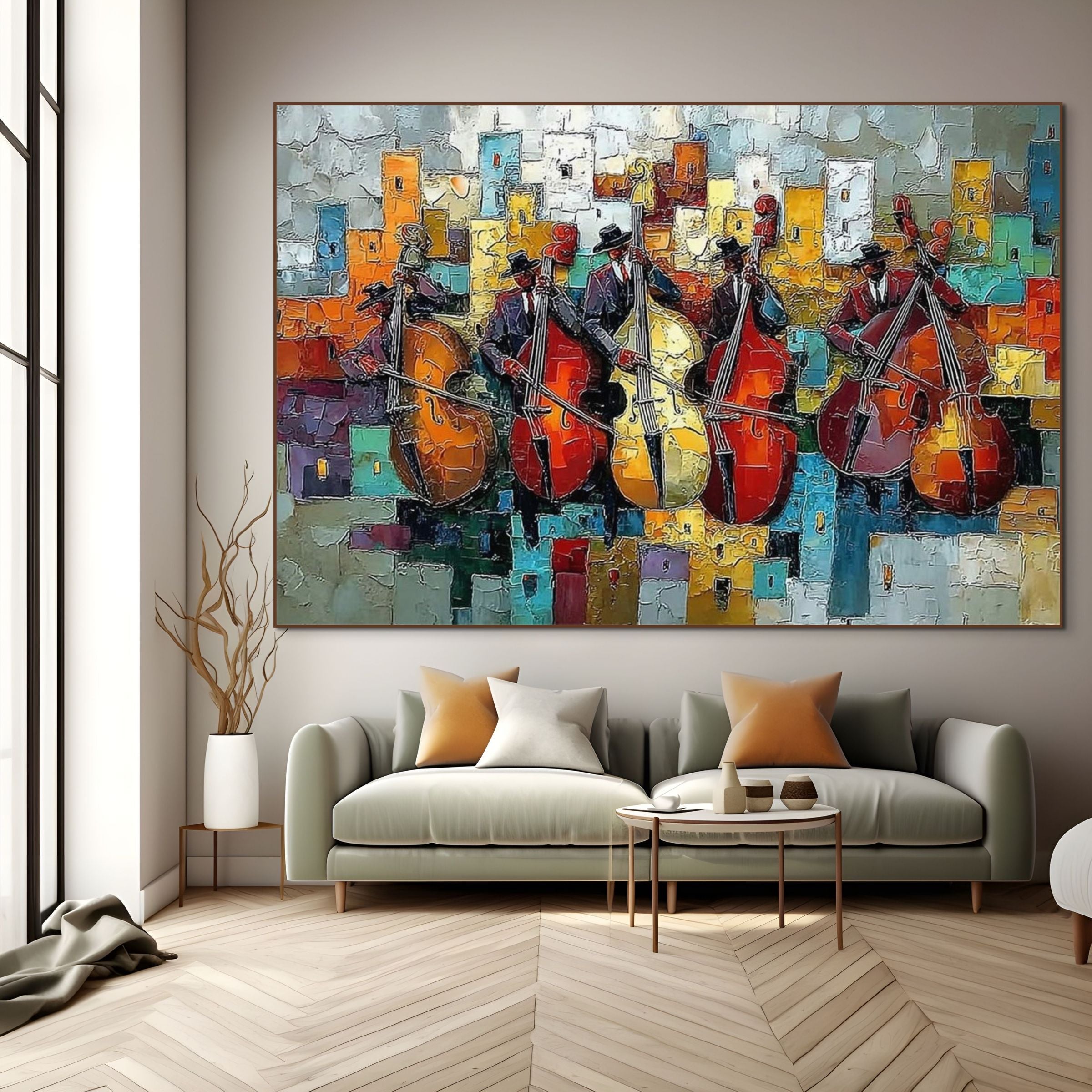 URBAN SERENADE:Textured Music Wall Art Colorful City Musicians Painting