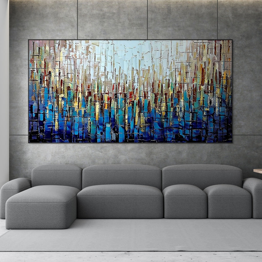 URBAN TWILIGHT: Impasto Awakening City Skyline Mirrored Waters Canvas