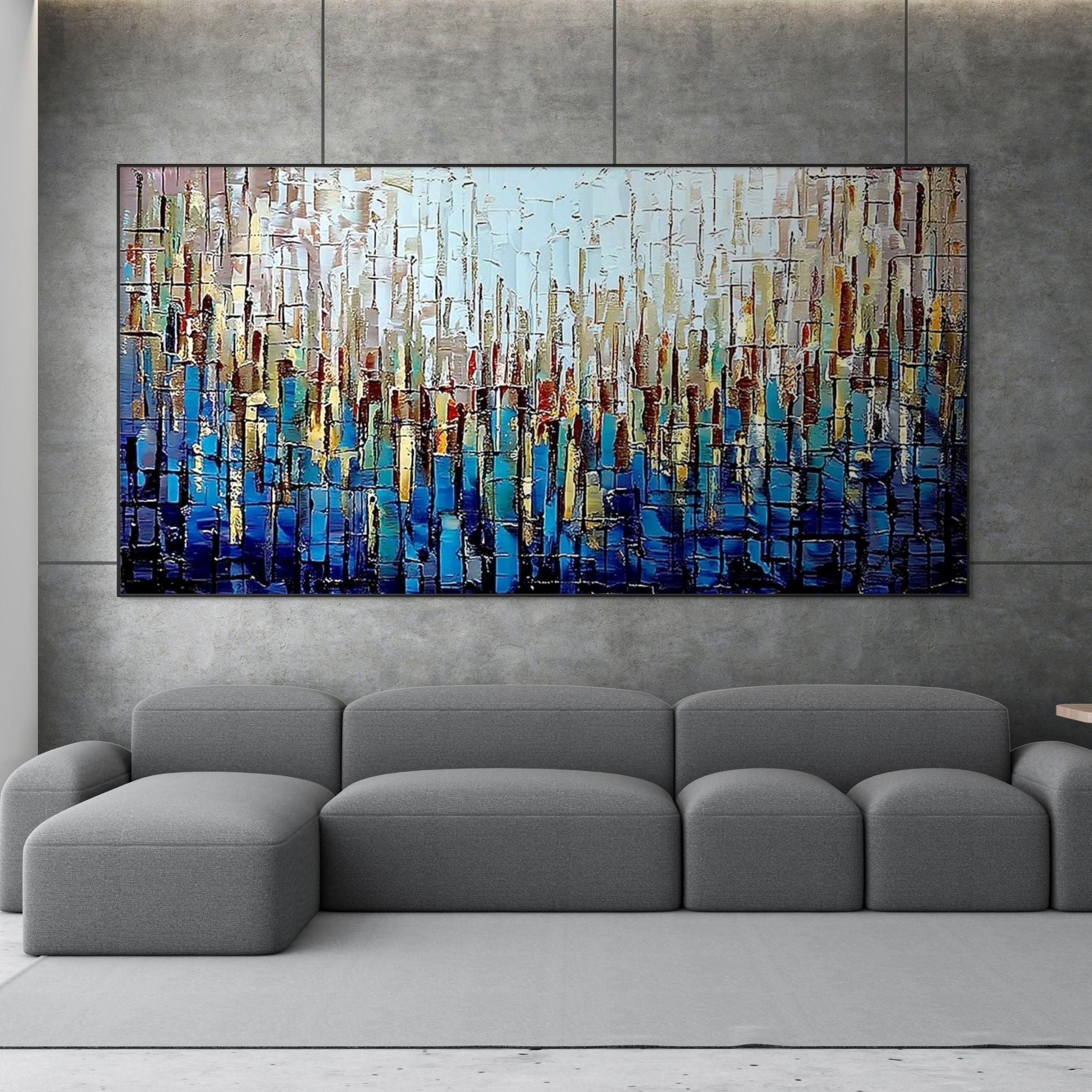 URBAN TWILIGHT: Impasto Awakening City Skyline Mirrored Waters Canvas