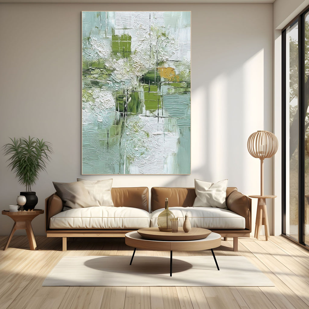 VERDANT GRID: Wabi Sabi Abstract Oil Painting with Organic Texture