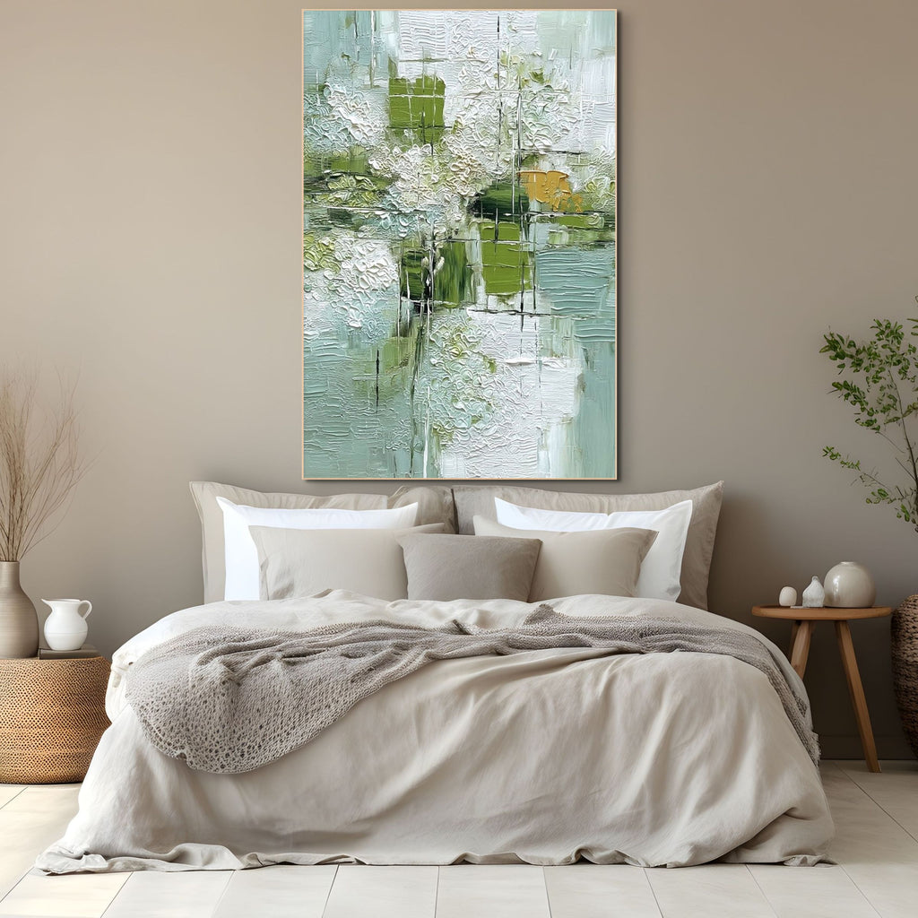 VERDANT GRID: Wabi Sabi Abstract Oil Painting with Organic Texture