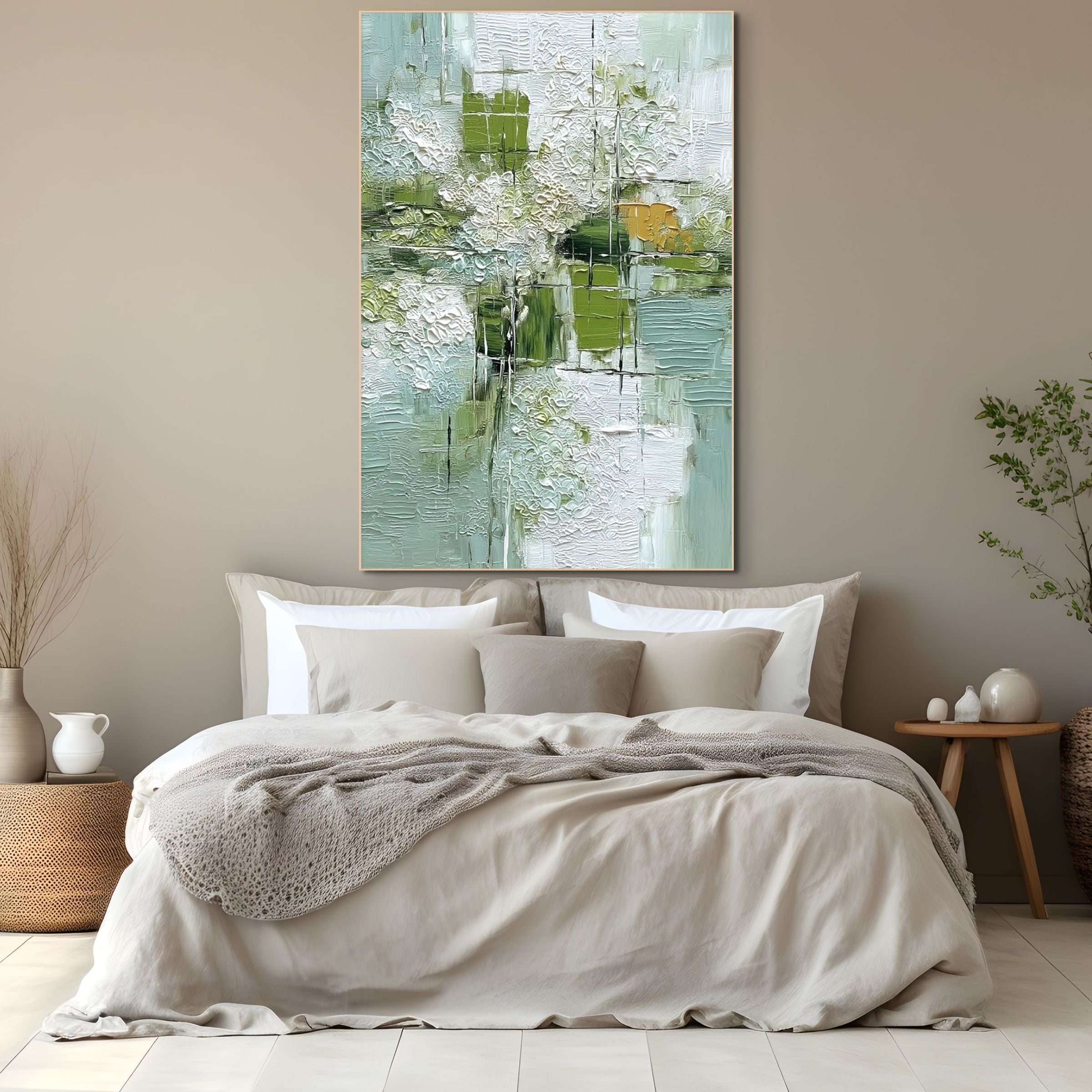 VERDANT GRID: Wabi Sabi Abstract Oil Painting with Organic Texture