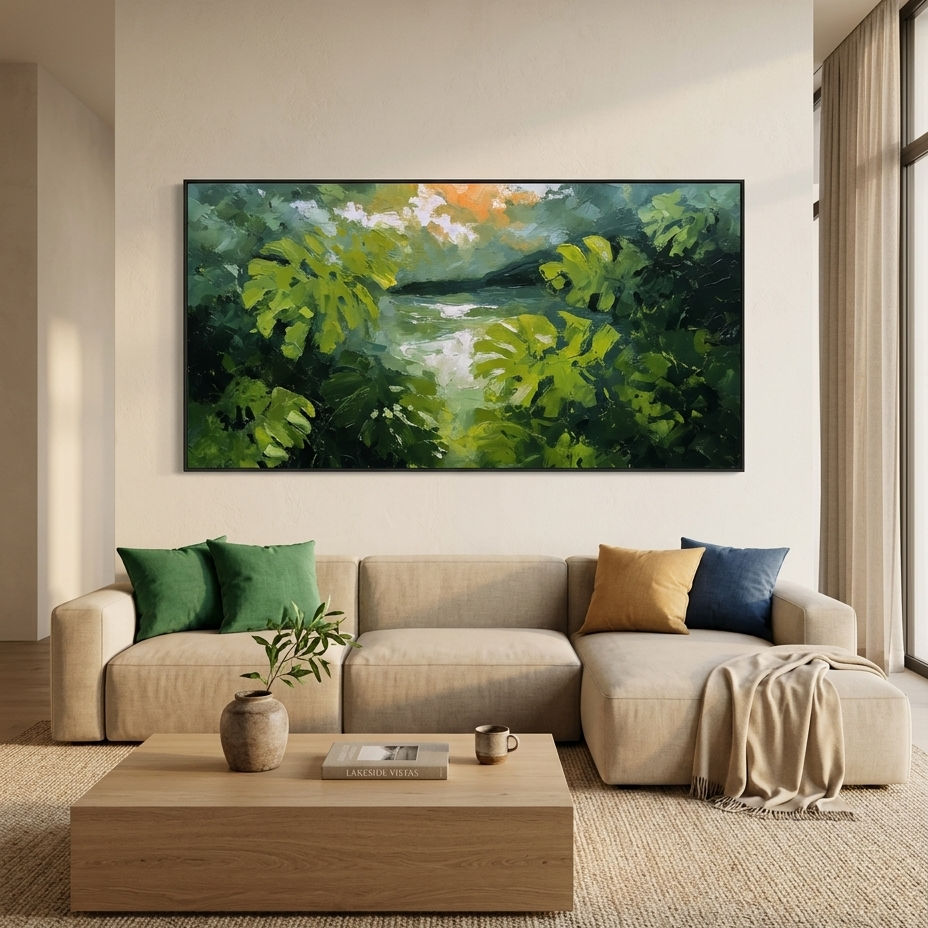 EMERALD GAZE: Palette Knife Impasto Sunlit Tropical Leaves Canvas