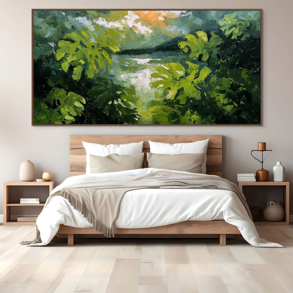 EMERALD GAZE: Palette Knife Impasto Sunlit Tropical Leaves Canvas