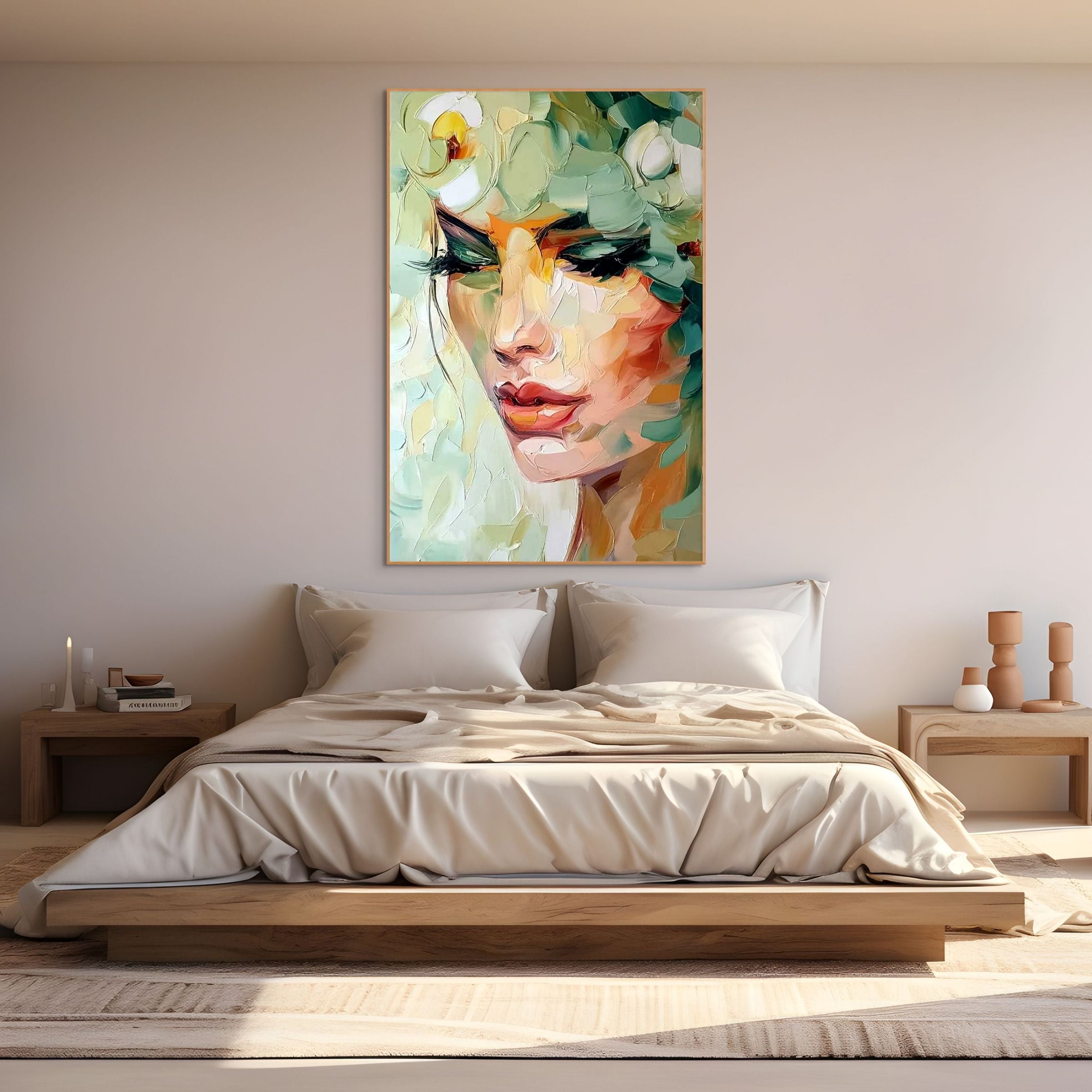 VERDANT REVERIE: Impasto Face Crowned Cascading Leaf Forms Canvas