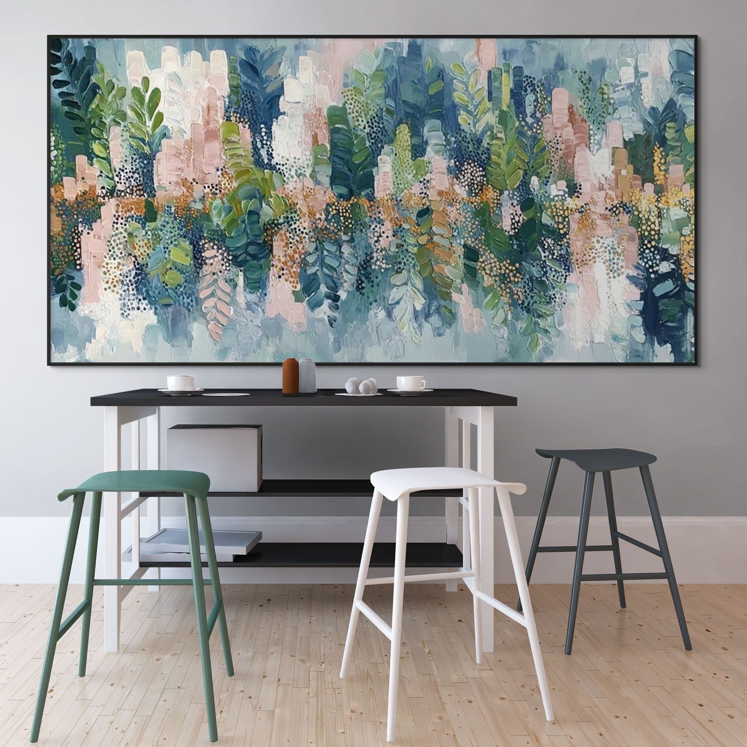 VERDANT SANCTUARY: Impasto Soft Pinks Shimmering Gold Abstract Canvas