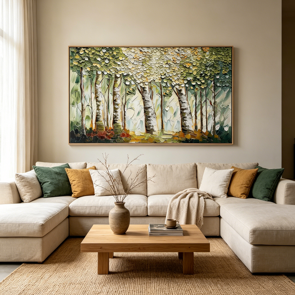 VERDANT SANCTUARY:Impasto Sun Dappled Birch Trees Canvas