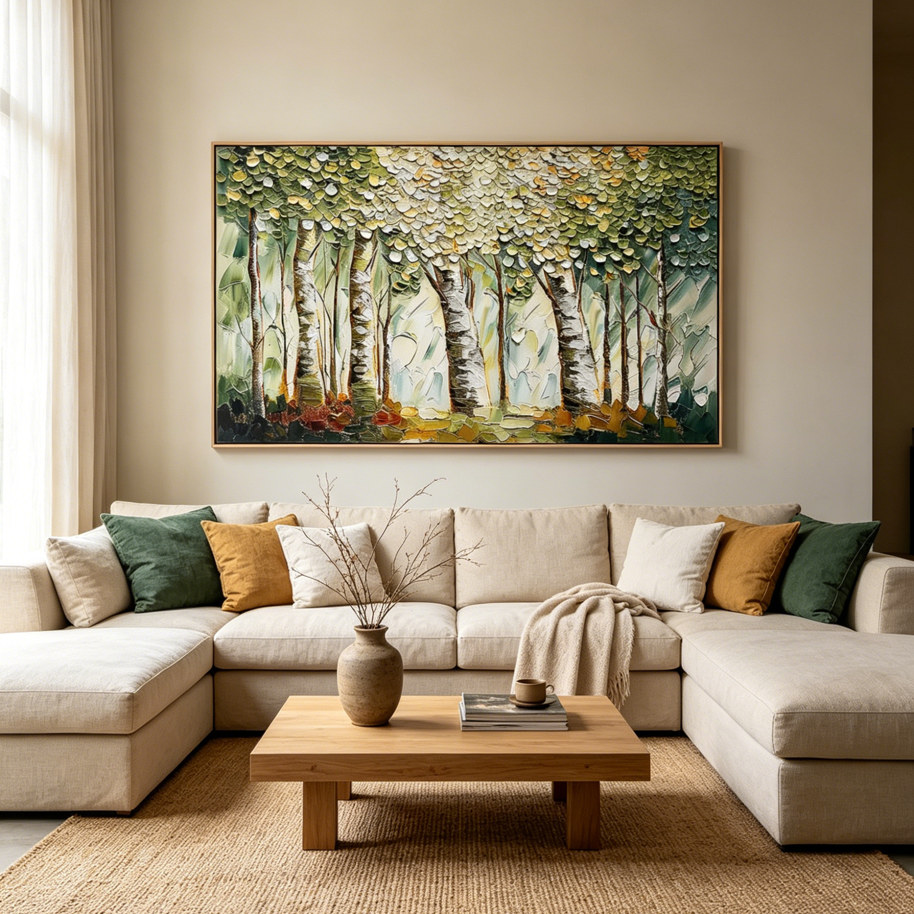 VERDANT SANCTUARY:Impasto Sun Dappled Birch Trees Canvas