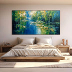 VERDANT SANCTUARY: Impasto Sunlight Forest Pond Canvas