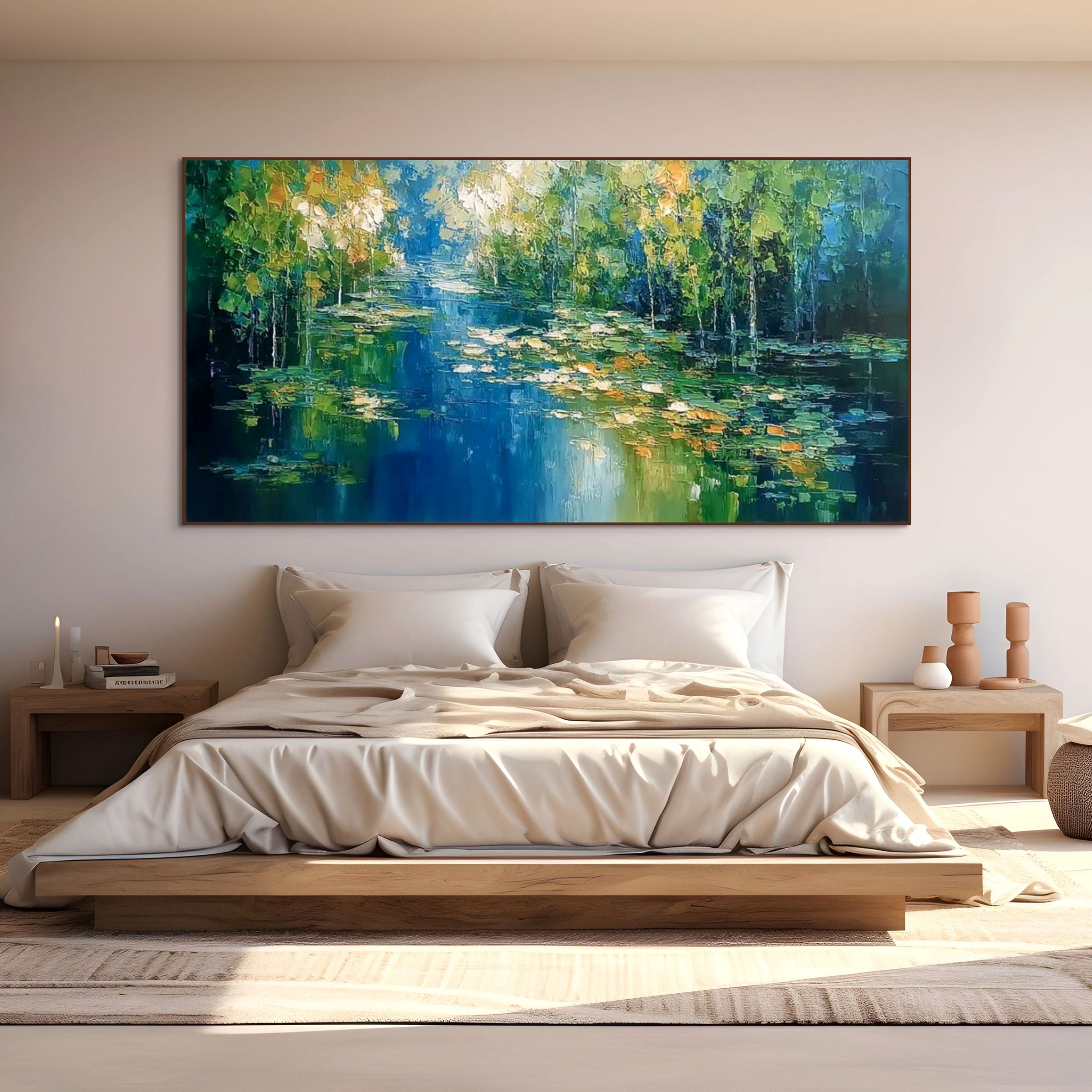 VERDANT SANCTUARY: Impasto Sunlight Forest Pond Canvas