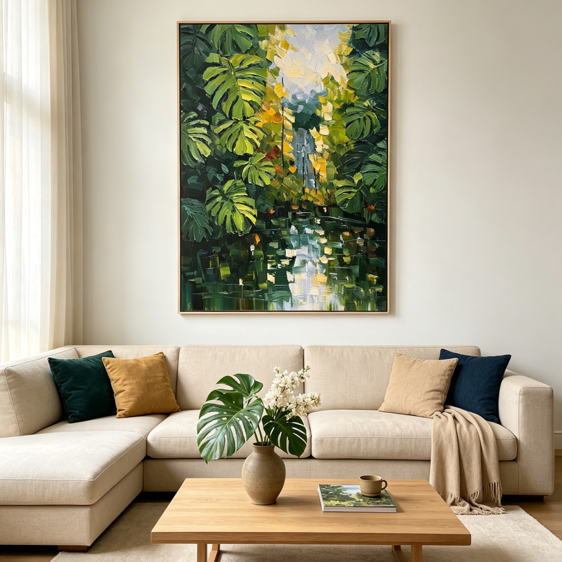VERDANT SANCTUARY: Impasto Sunlit Monstera Leaves Cool Water Canvas