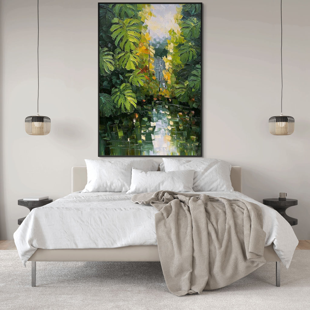 VERDANT SANCTUARY: Impasto Sunlit Monstera Leaves Cool Water Canvas