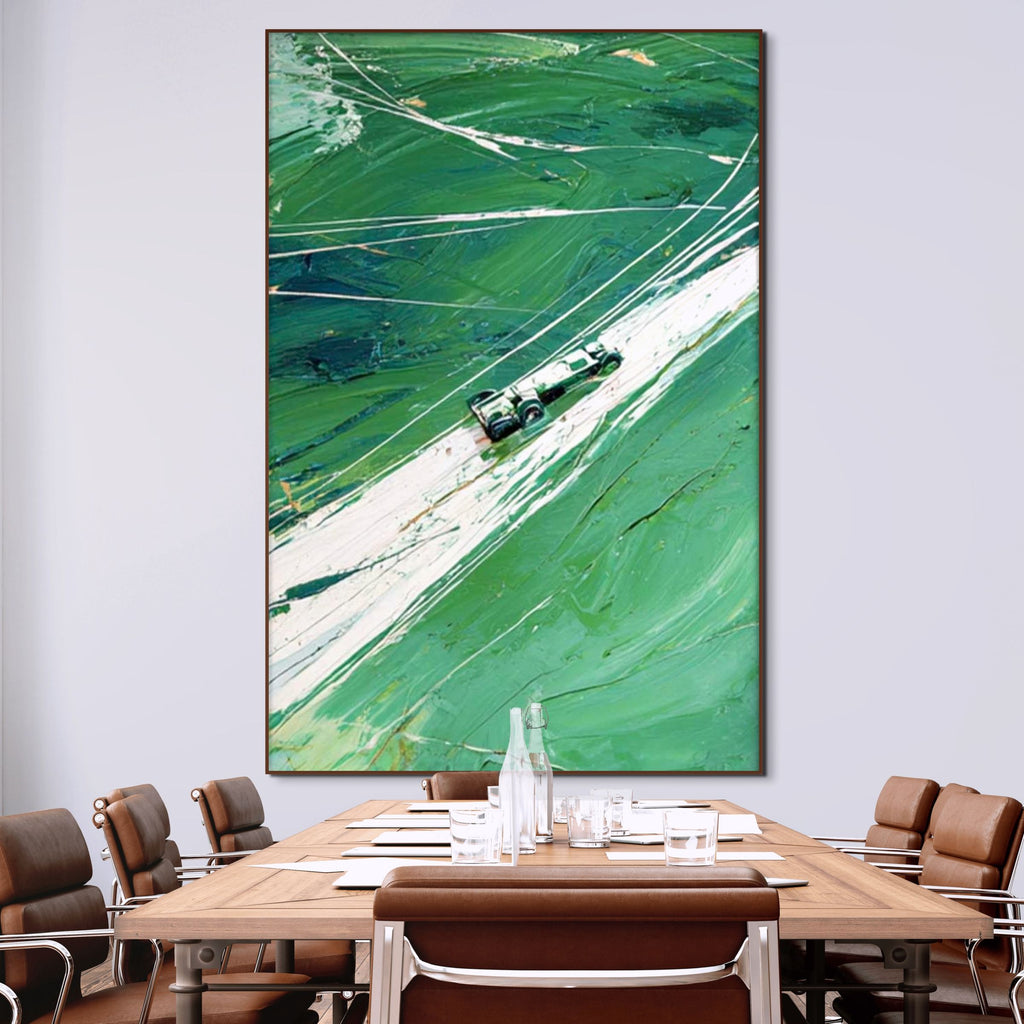 VERDANT VELOCITY: Textured Impasto Painting of a Vintage Racing Car