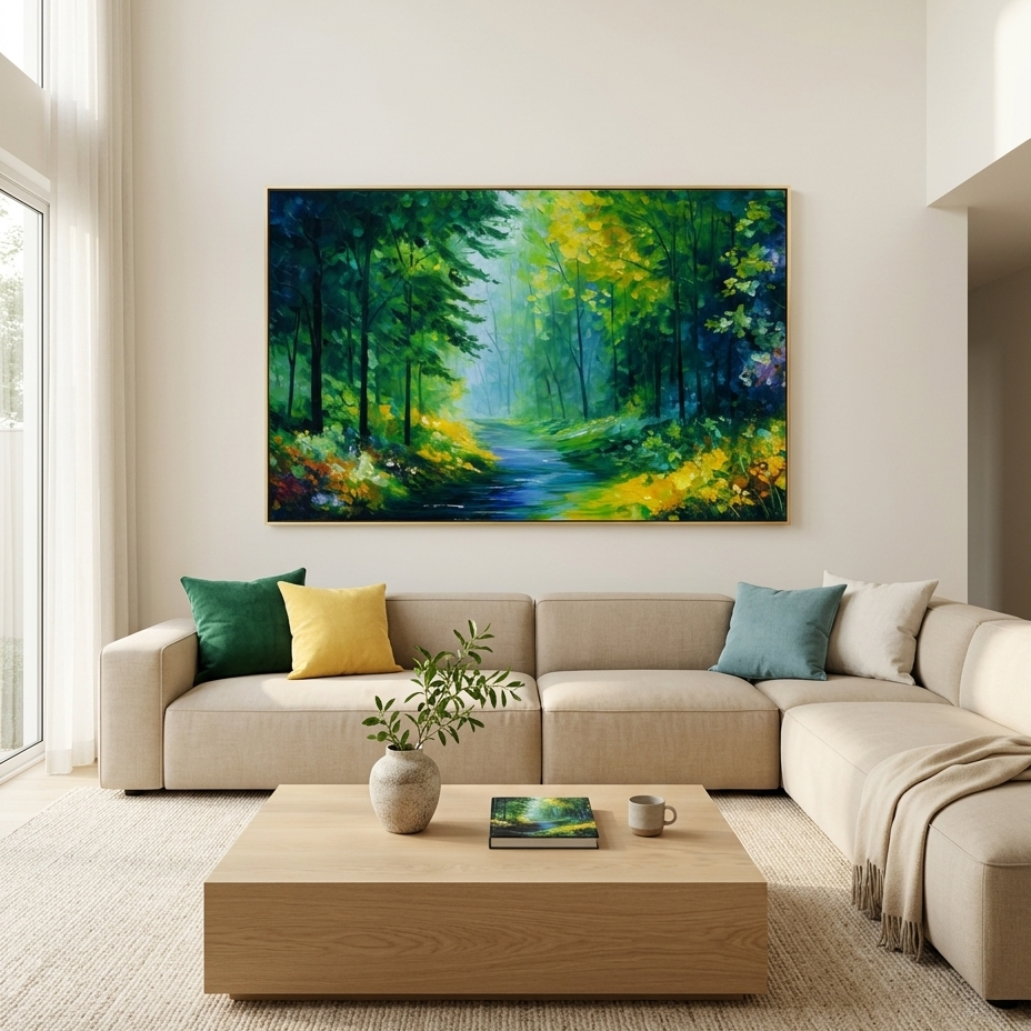 VERDANT WHISPER: Impasto Tranquil Blue Forest Stream Canvas