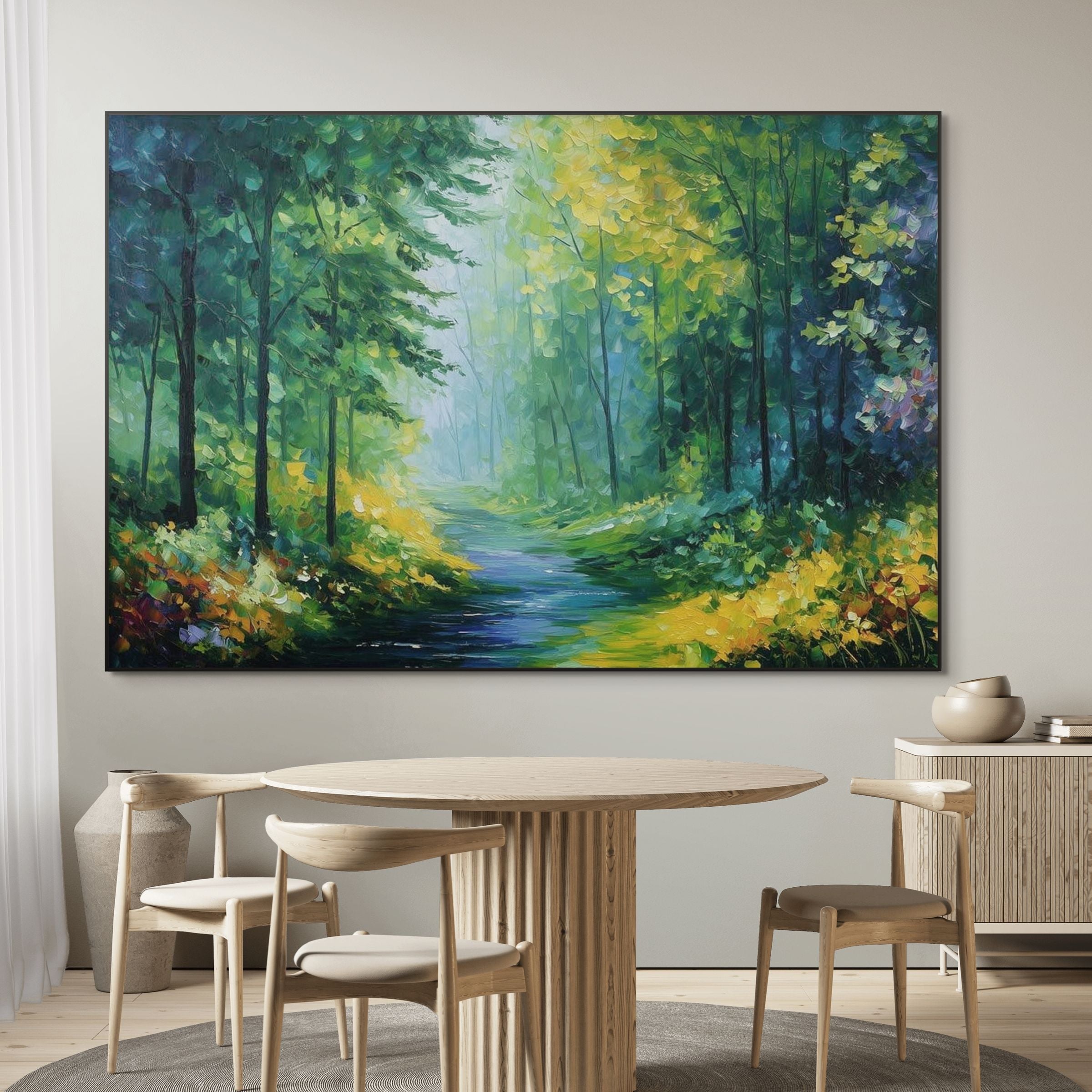 VERDANT WHISPER: Impasto Tranquil Blue Forest Stream Canvas