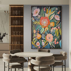 MIDNIGHT GARDEN: Lush Vibrant Flowers On Dark Oil Painting