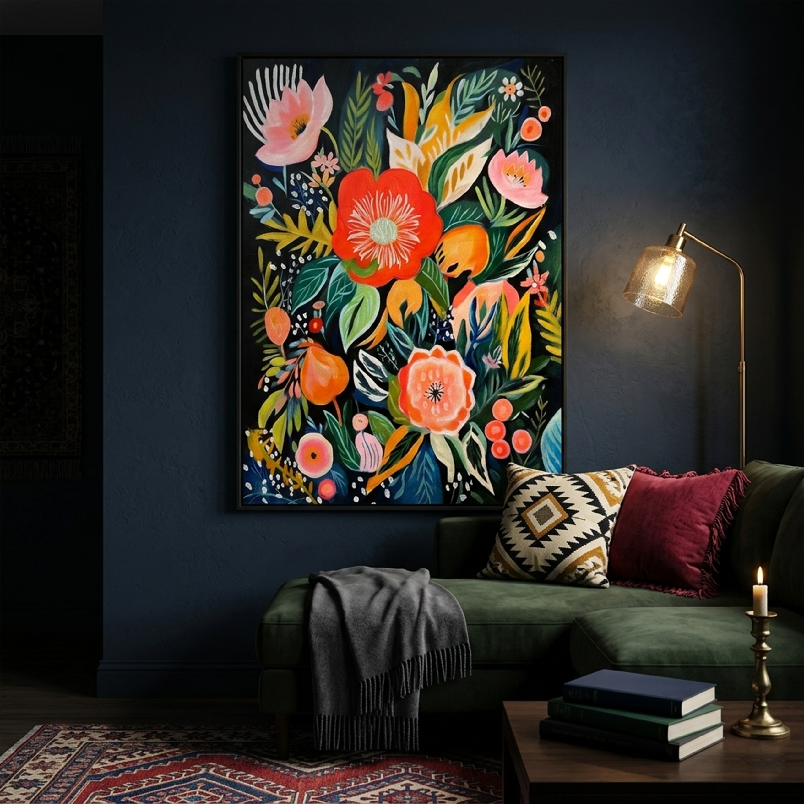 MIDNIGHT GARDEN: Lush Vibrant Flowers On Dark Oil Painting