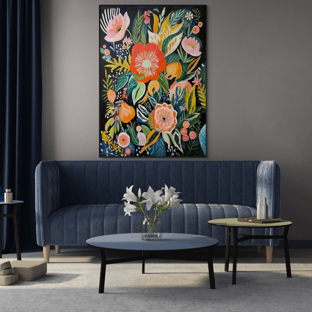 MIDNIGHT GARDEN: Lush Vibrant Flowers On Dark Oil Painting