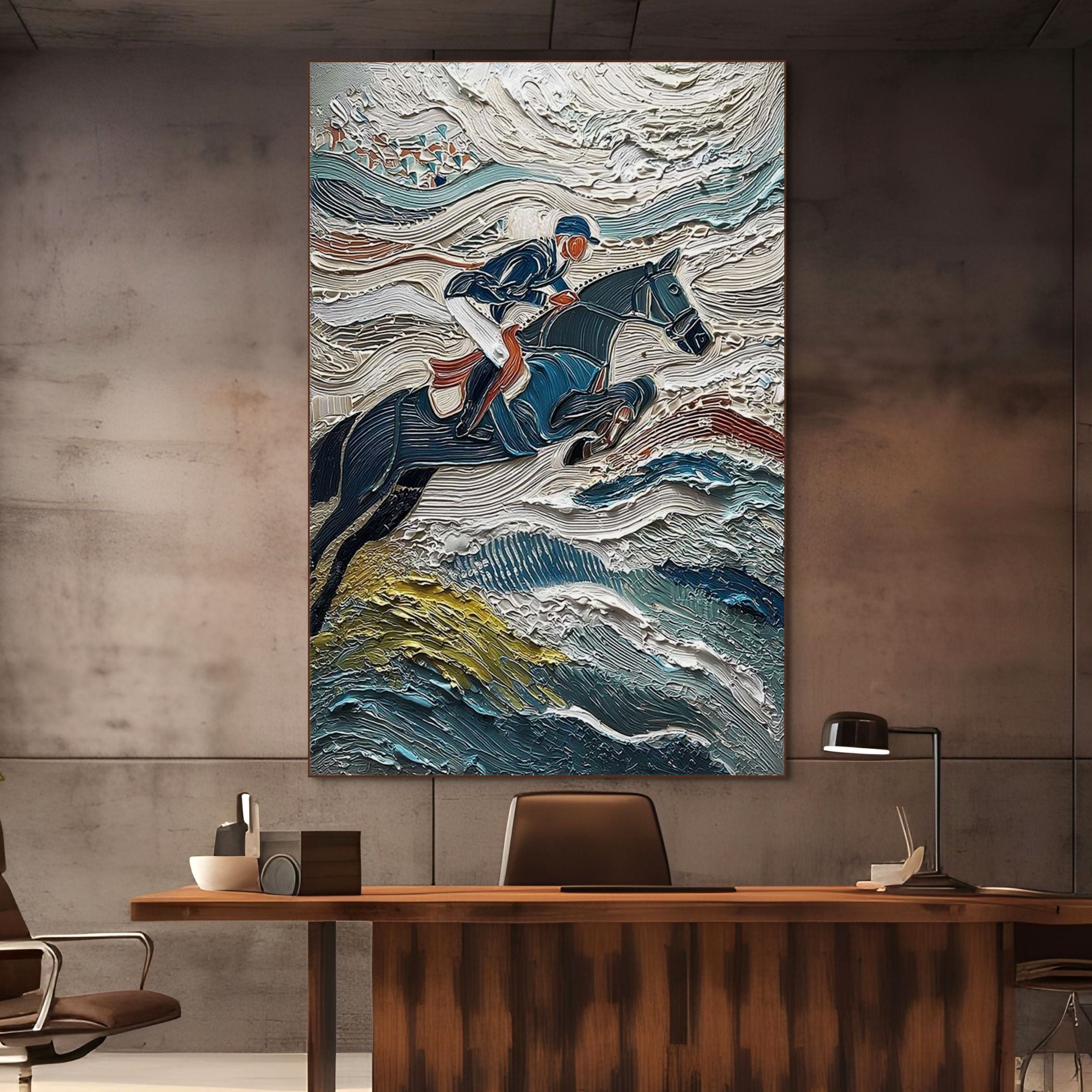 VICTORY'S EDGE: Heavily Textured Impasto Equestrian Art Climactic Jump Passion