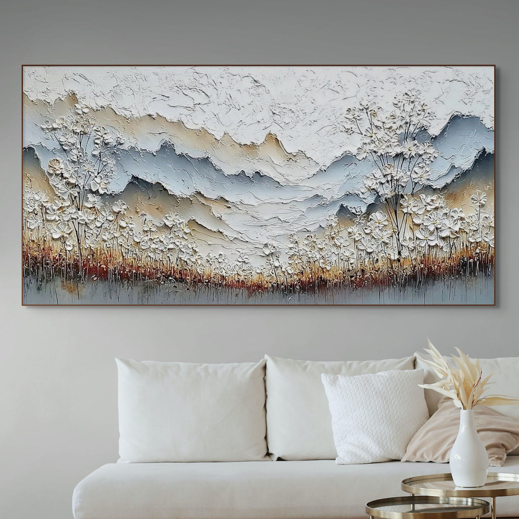 WHISPERING MEADOW: Thick Impasto Wabi Sabi Mountain White Blossom Canvas