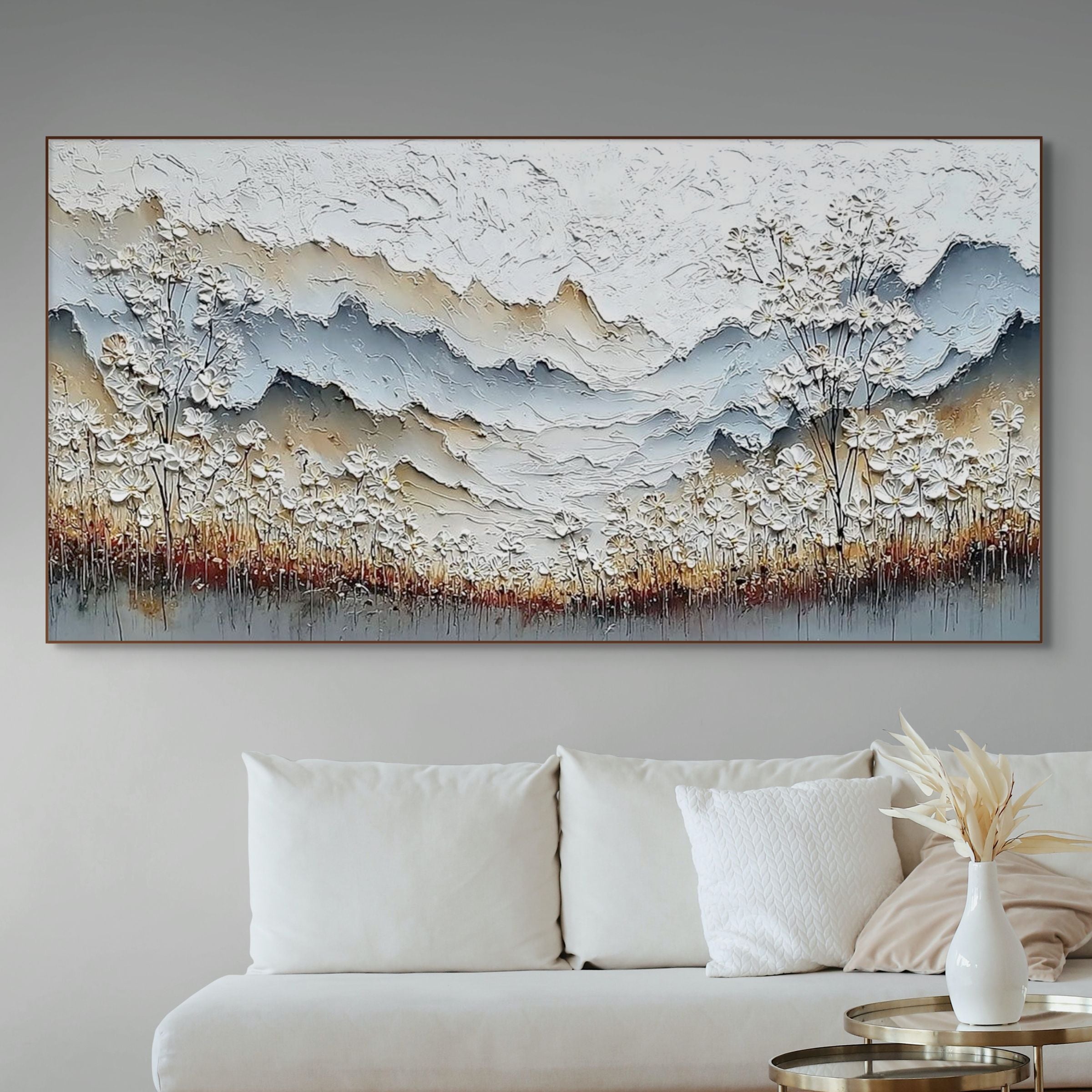 WHISPERING MEADOW: Thick Impasto Wabi Sabi Mountain White Blossom Canvas