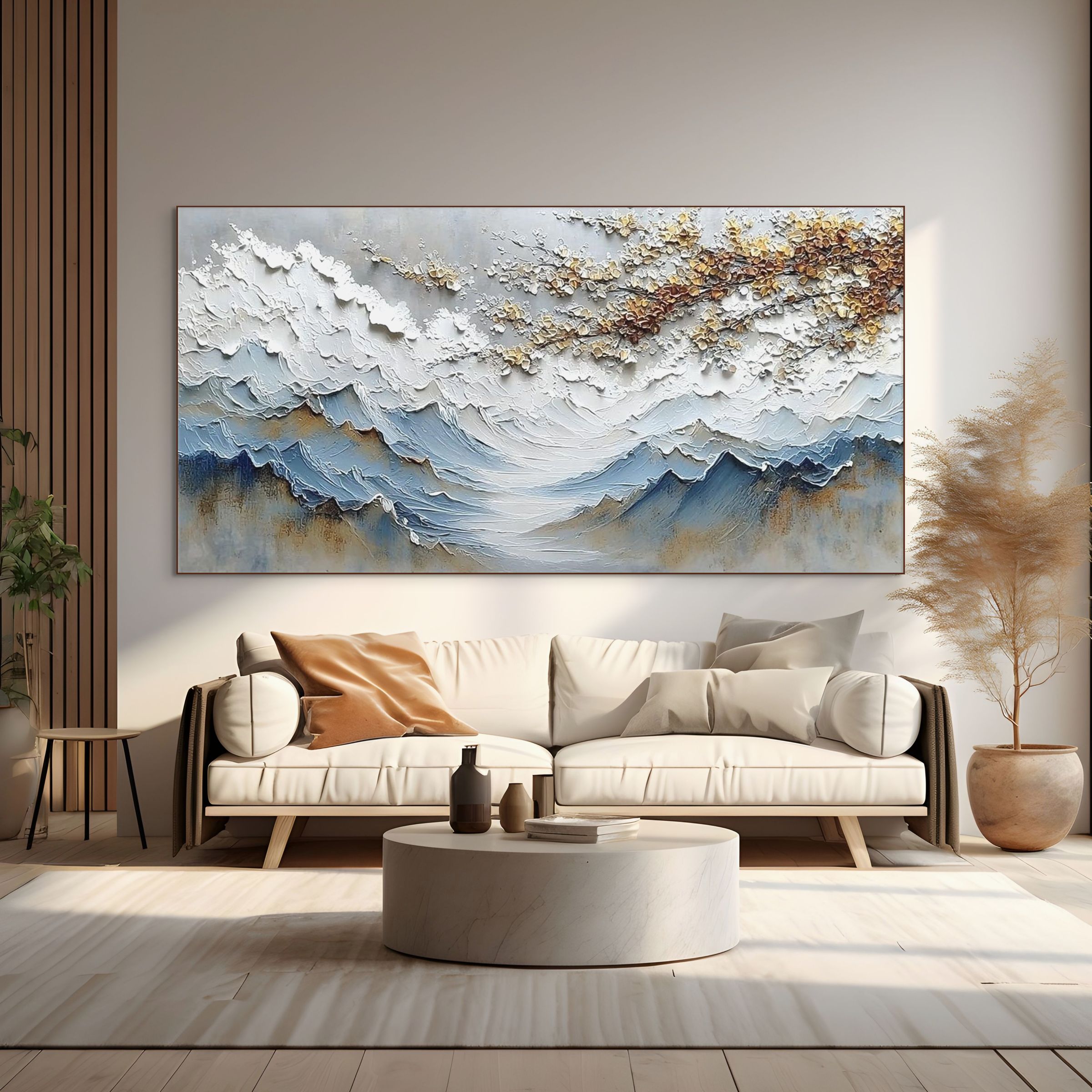 WHISPERS OF THE VALLEY: Impasto Blue Grey Mountain Golden Blossom Canvas