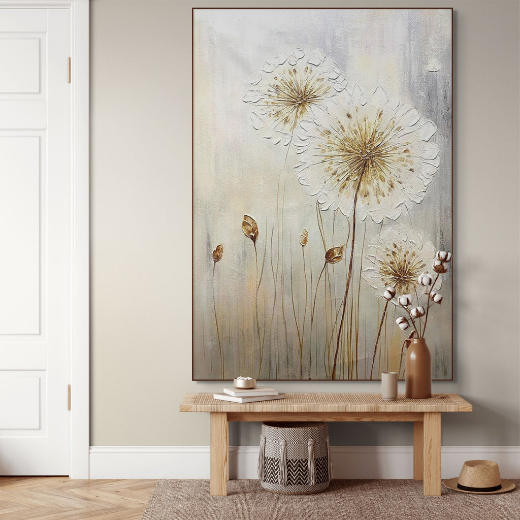 WHISPERS OF GOLD: Textured Dandelion Gold Canvas