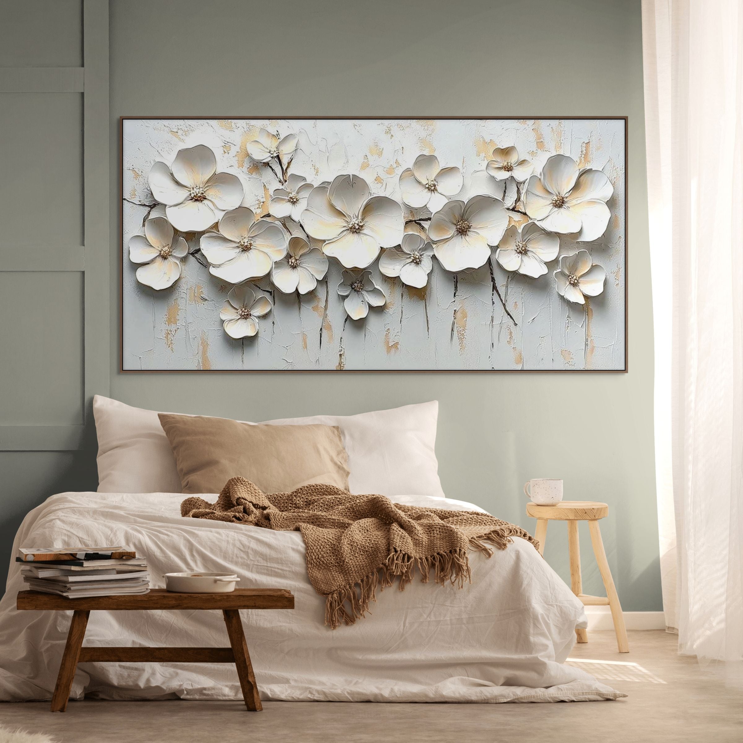 WHITE BLOSSOM SERENADE: 3D Textured White Flowers Delicate Petals Canvas
