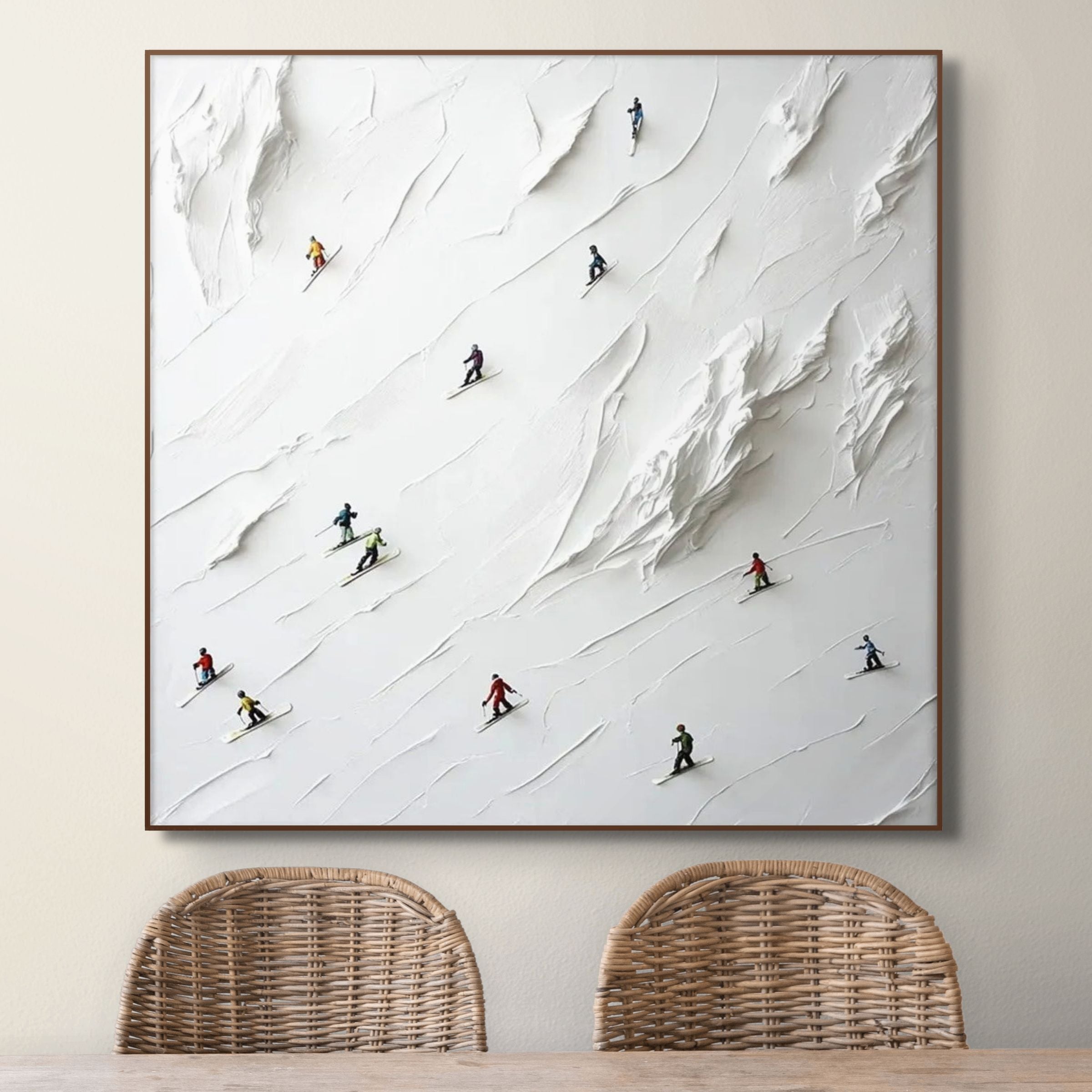 WHITE RUSH: Minimalist Skiing Painting on Textured Canvas