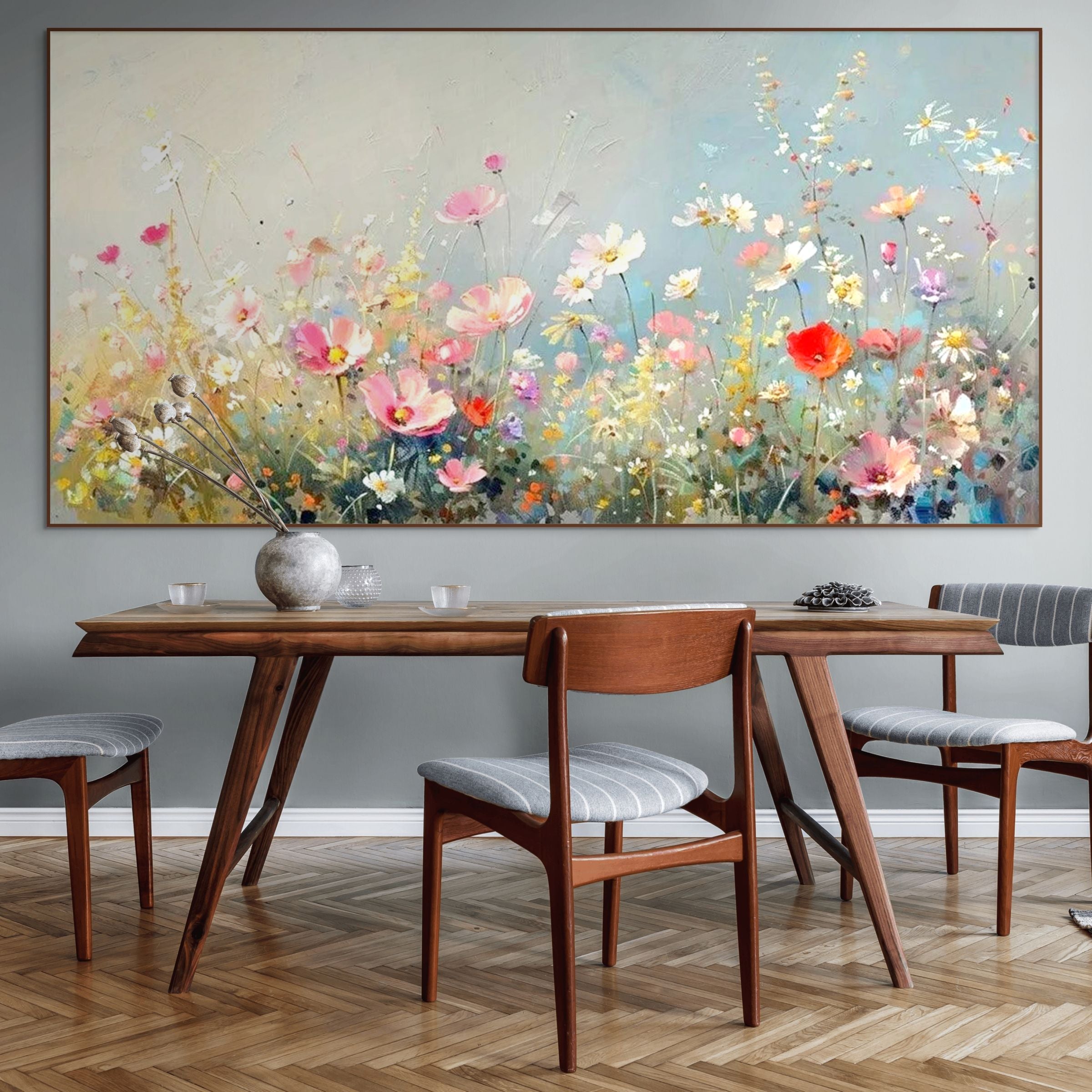 WILD MEADOW: Impasto Italian Pink White Wildflower Field Canvas