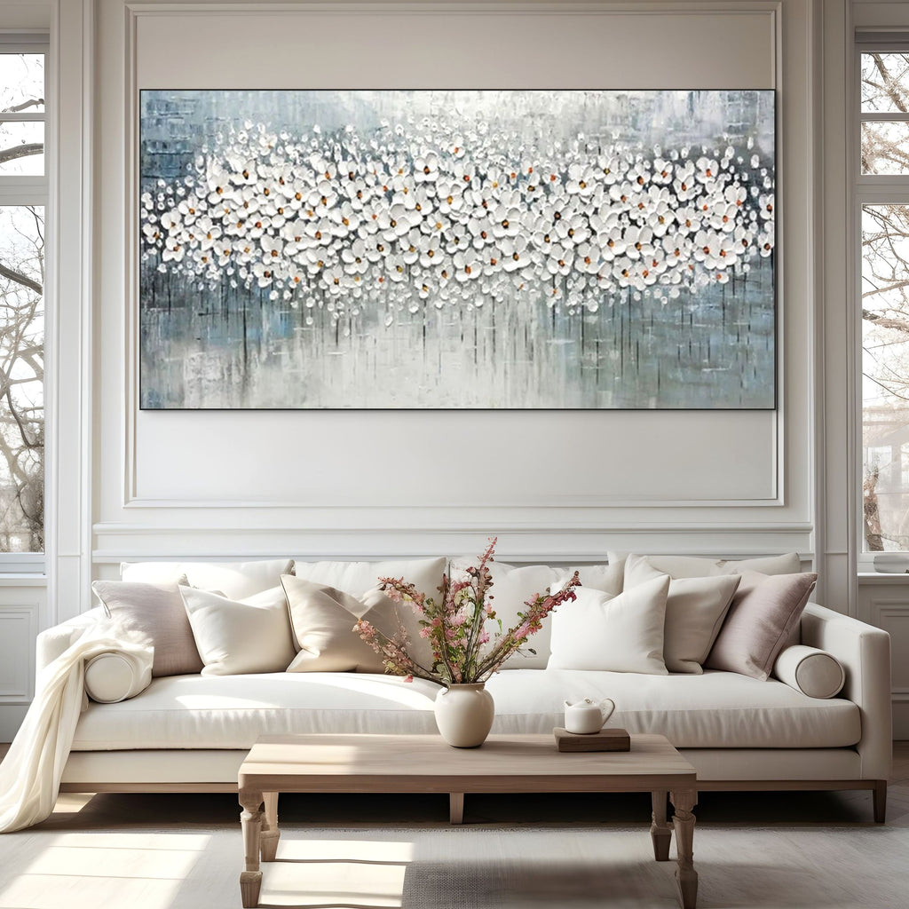 WINTER BLOSSOM: White Flowers Grey Blue Canvas