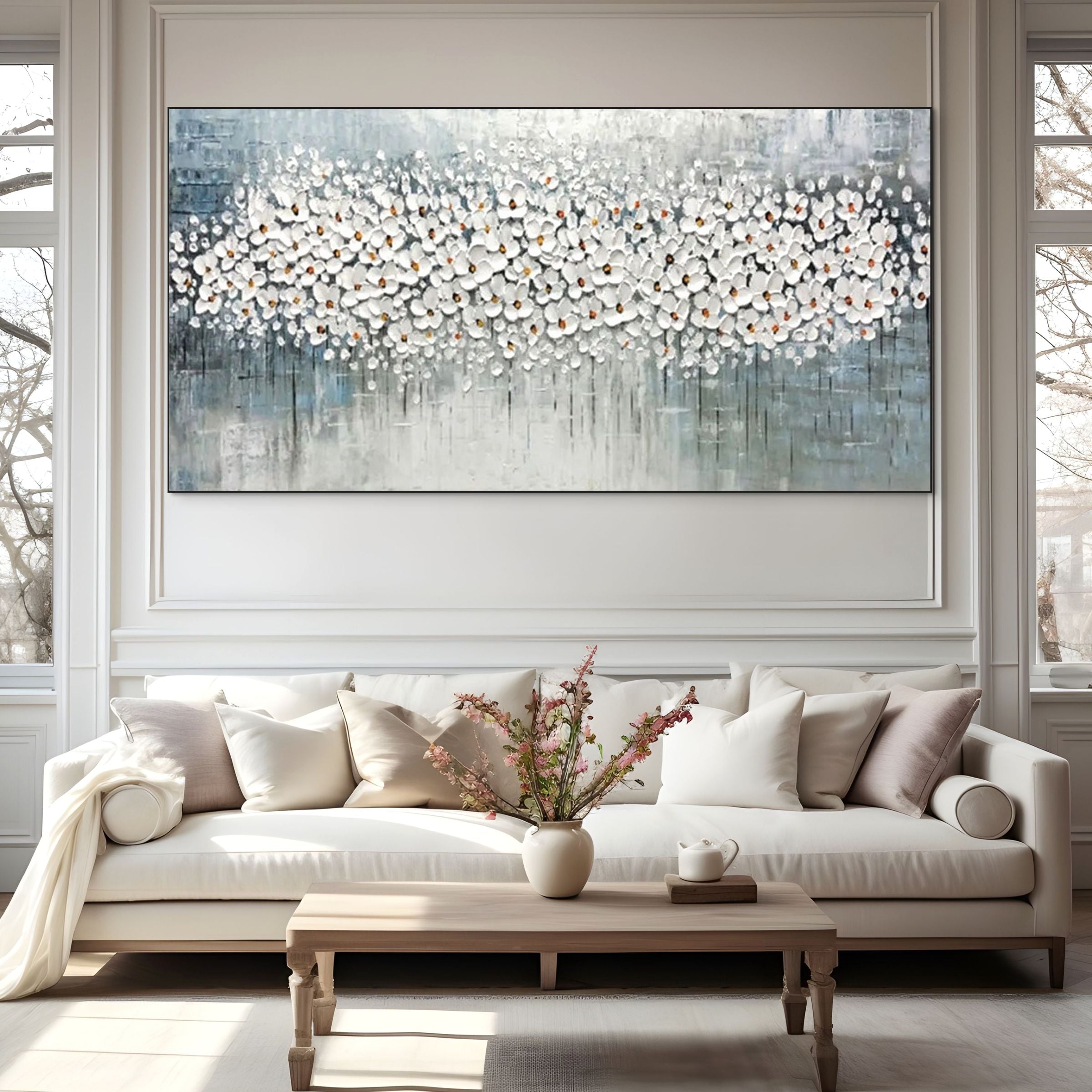 WINTER BLOSSOM: White Flowers Grey Blue Canvas