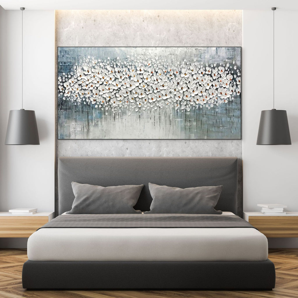 WINTER BLOSSOM: White Flowers Grey Blue Canvas