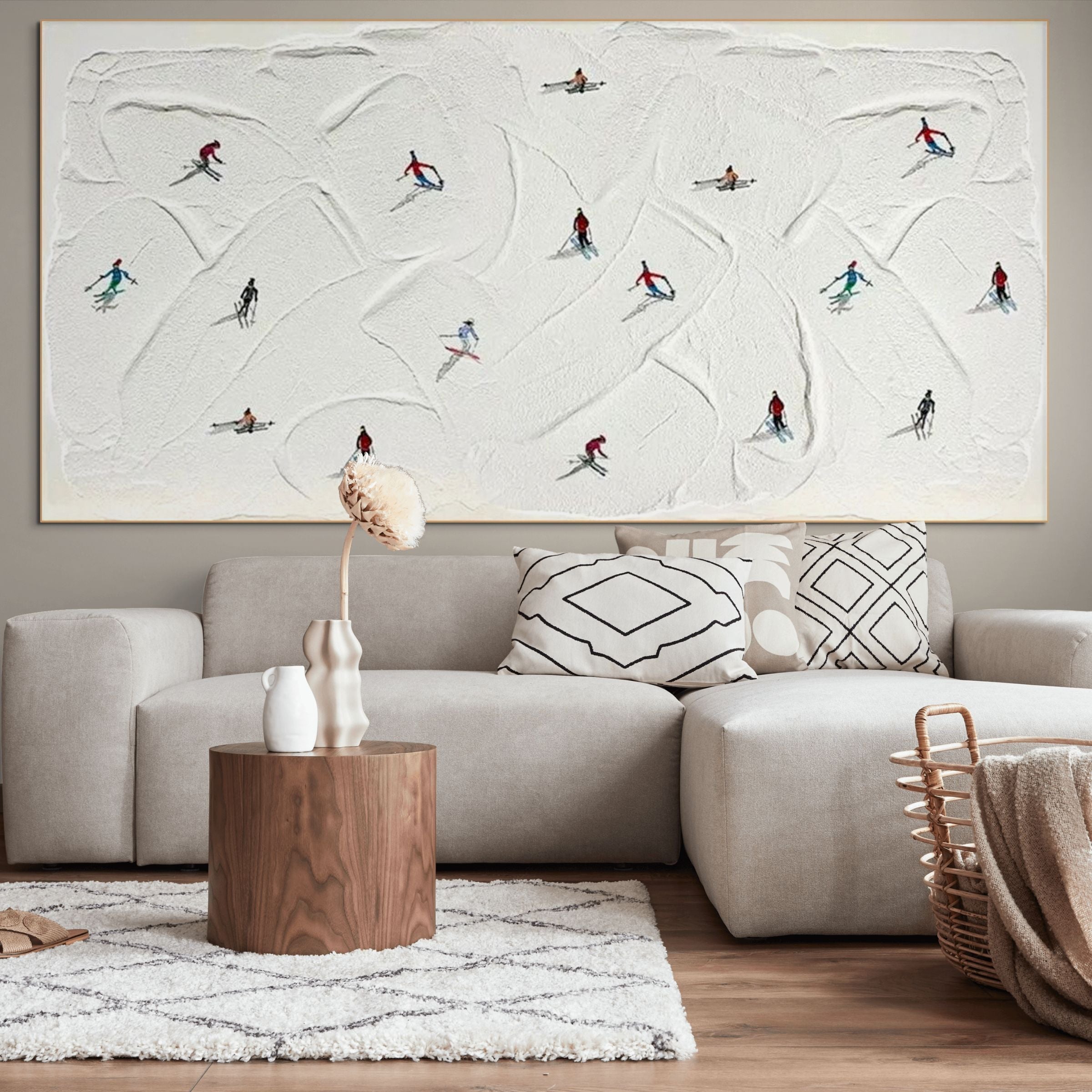WINTER RHAPSODY: Minimalist Skiing Art on Textured Canvas for Modern Sporty Decor