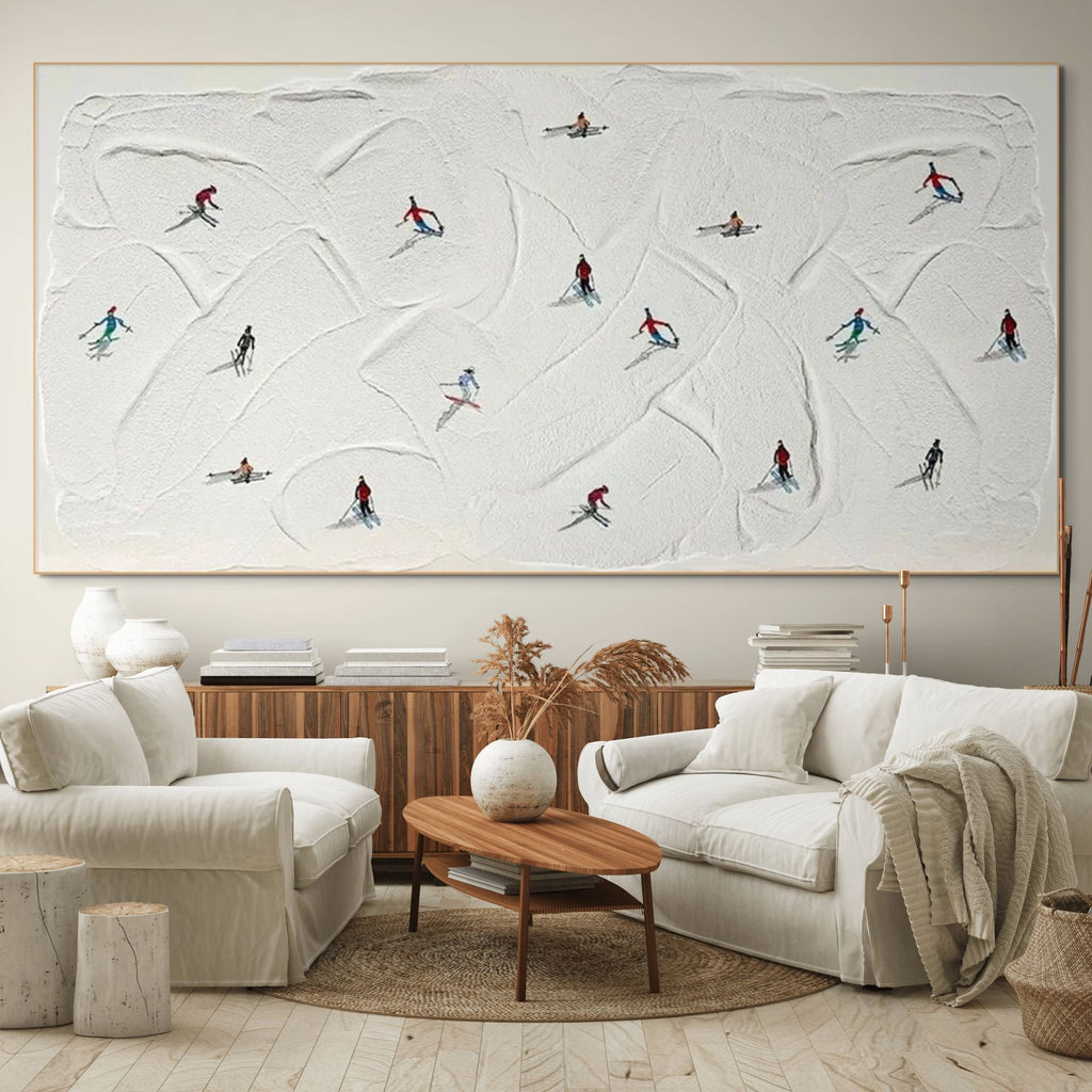 WINTER RHAPSODY: Minimalist Skiing Art on Textured Canvas for Modern Sporty Decor