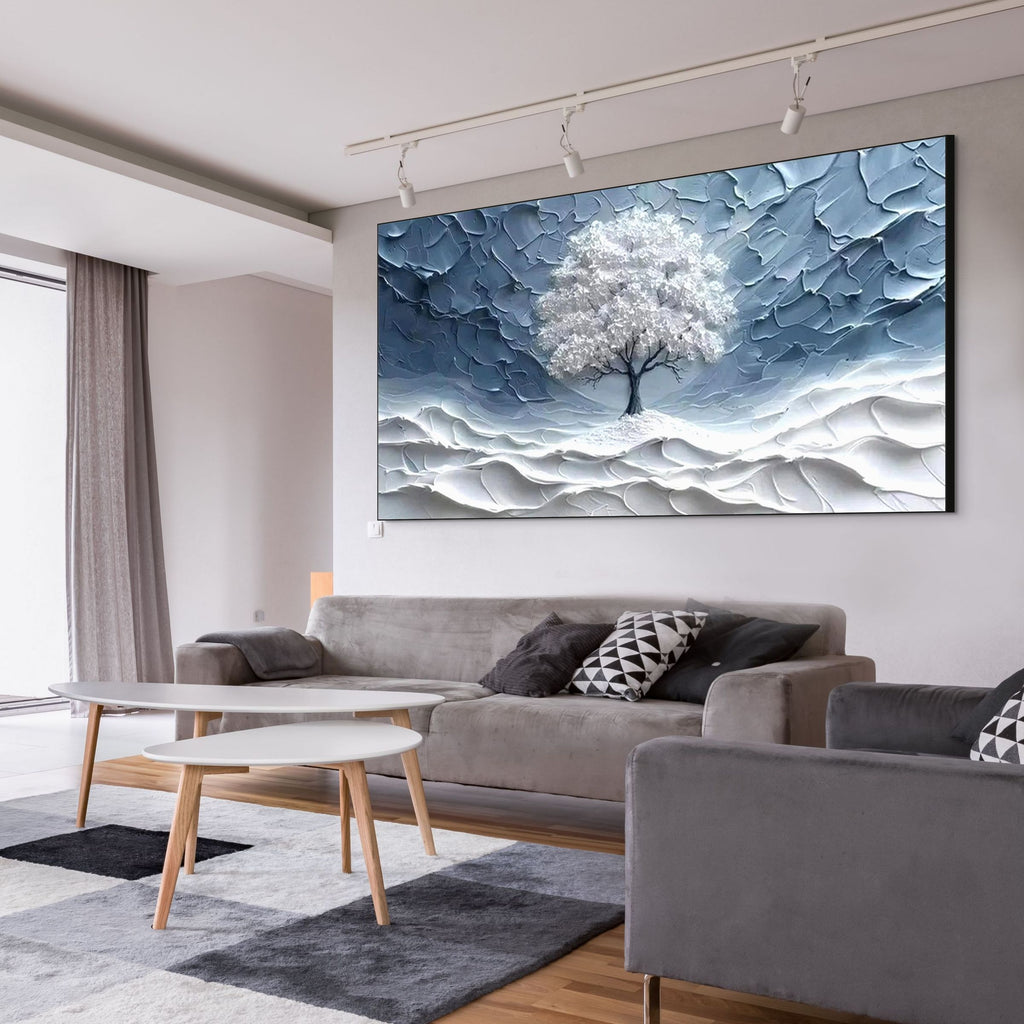 WINTER'S EMBRACE: Solitary Tree Snow Impasto Canvas