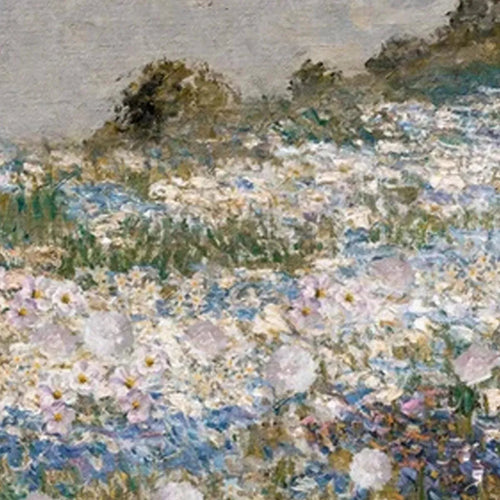 Impressionist triptych painting of a wildflower field with white and purple blossoms under a soft gray sky.